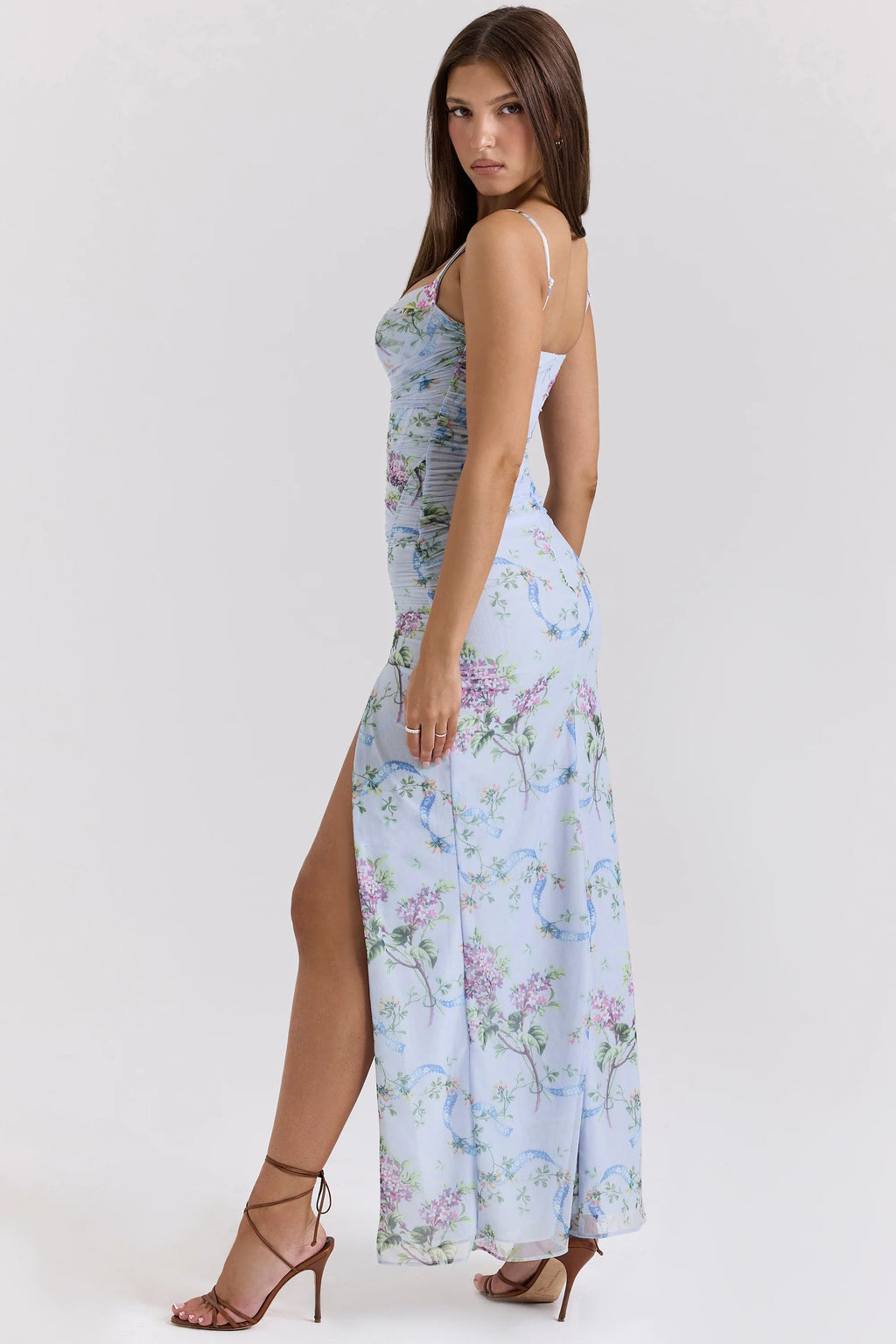 blue floral print mesh maxi dress