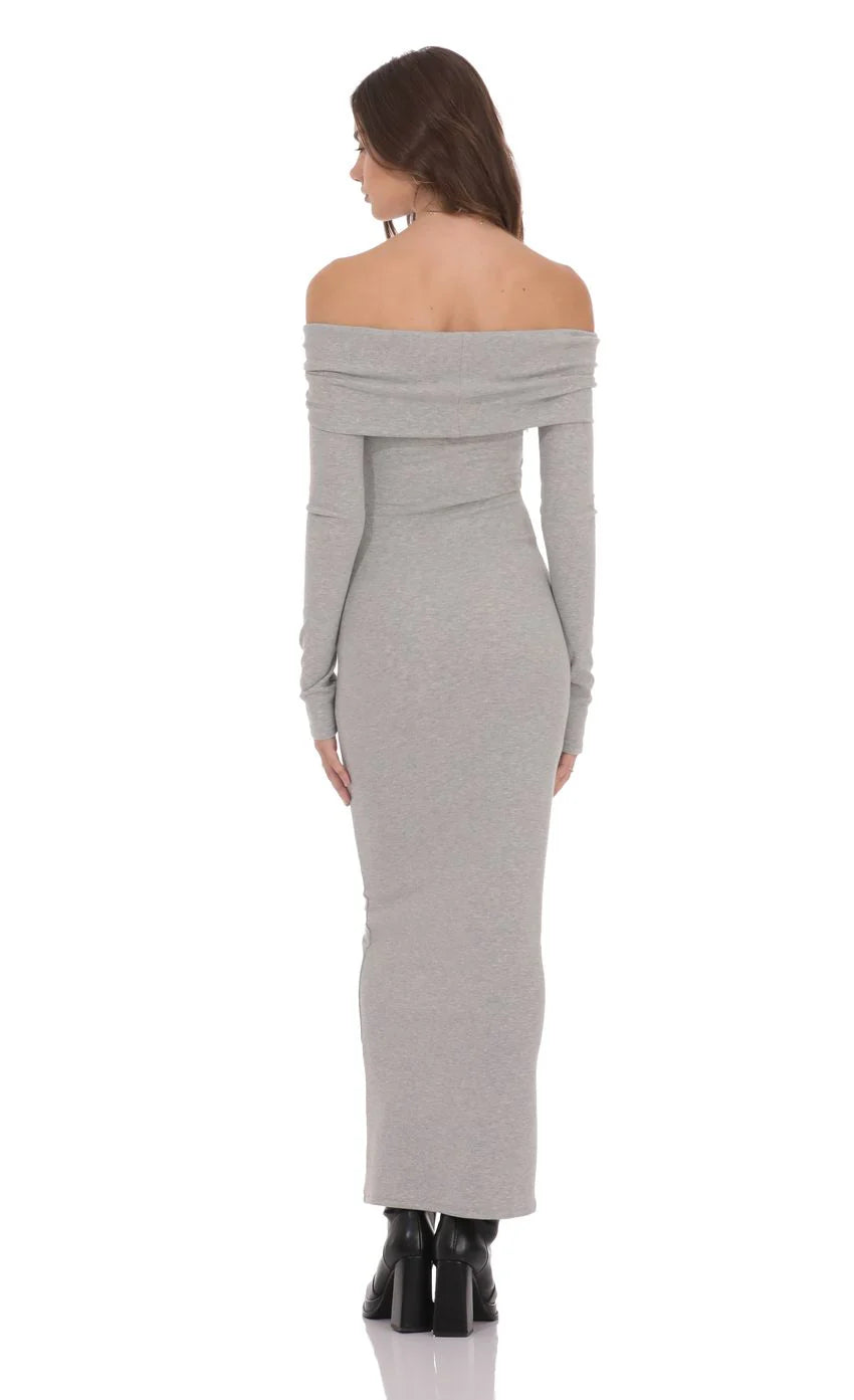 Twist Off Shoulder Maxi Dress in Grey