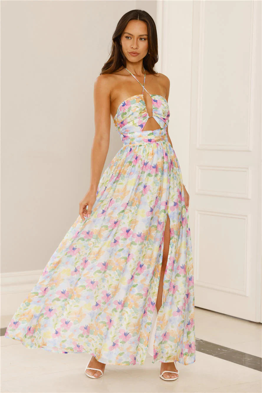 Hibiscus Hues Halter Maxi Dress Print