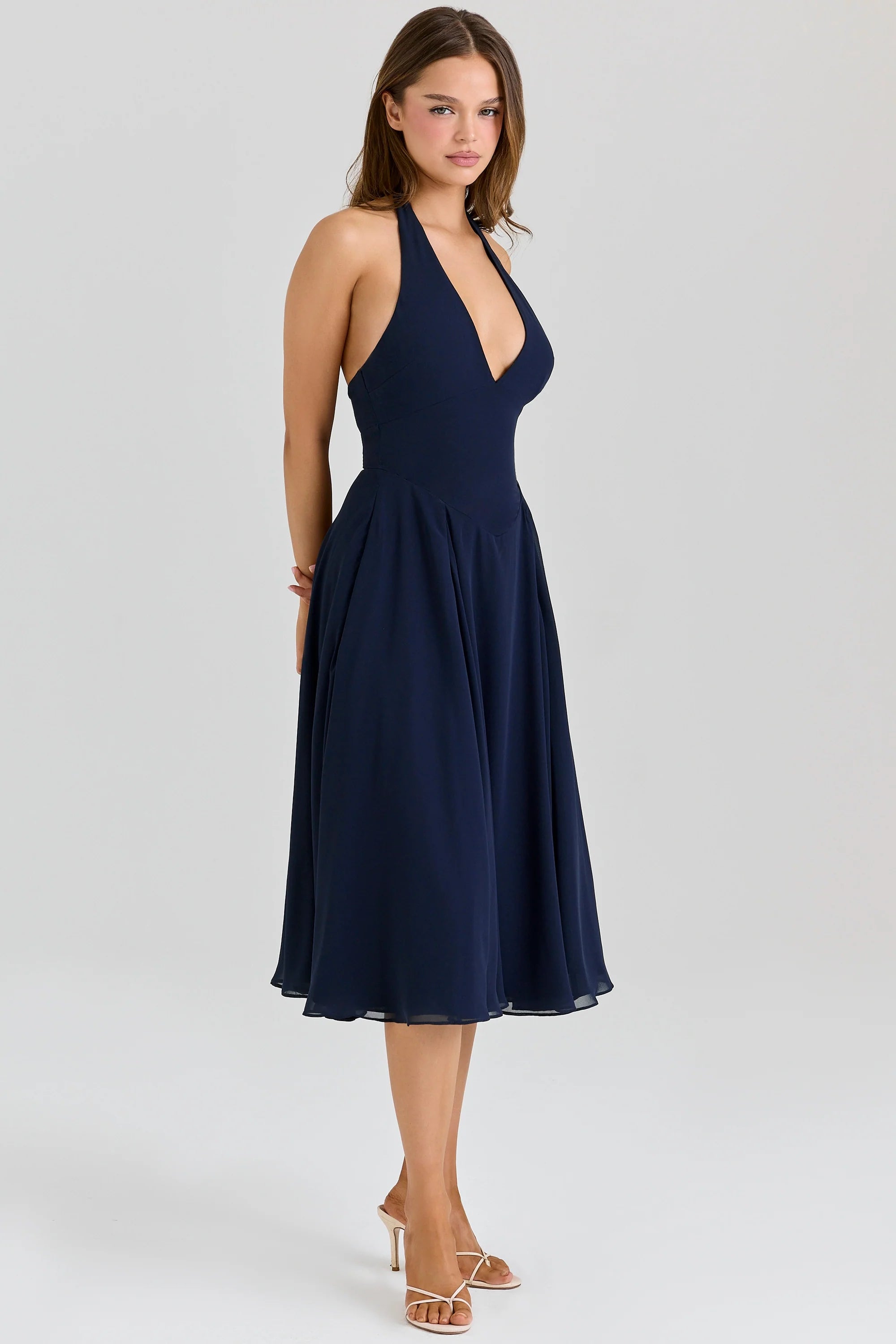 navy georgette halter midi dress