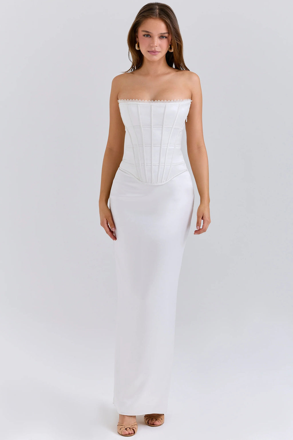 ivory satin corset maxi dress