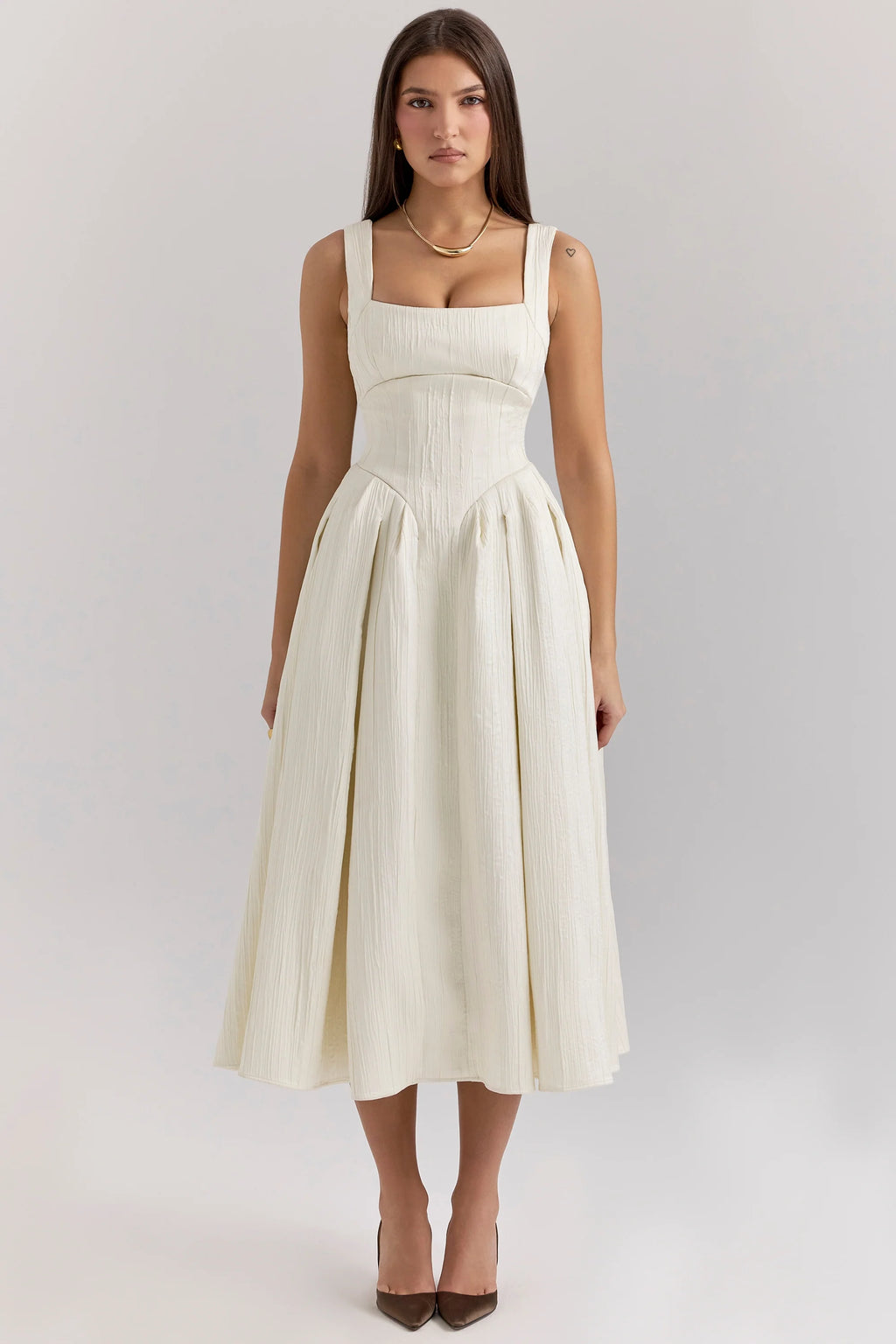ivory textured satin corset midi dress