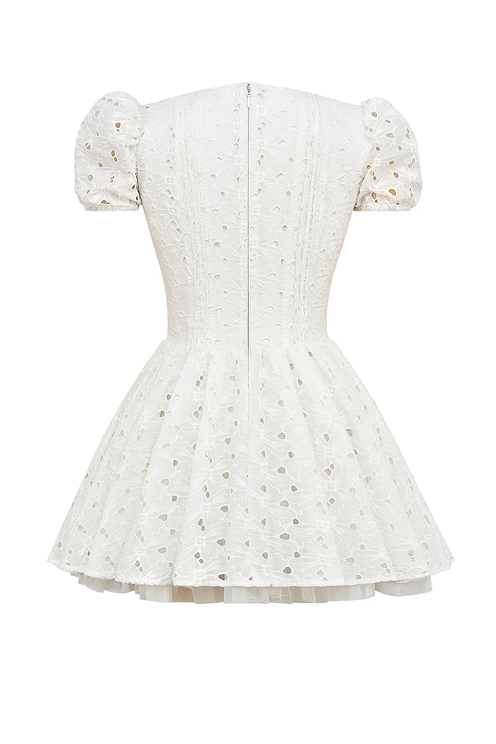 white pleated broderie anglais mini dress
