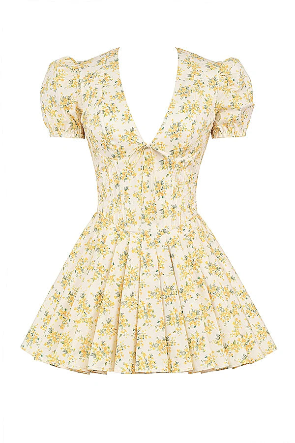 buttercup vintage floral print pleated cotton mini dress
