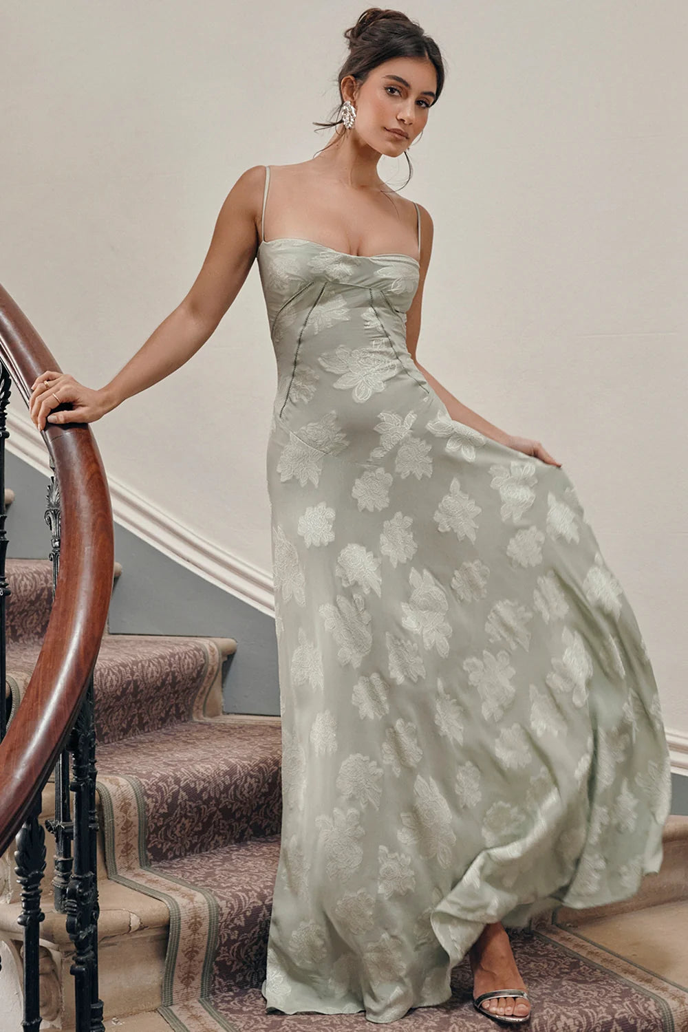 pistachio floral lace back maxi dress