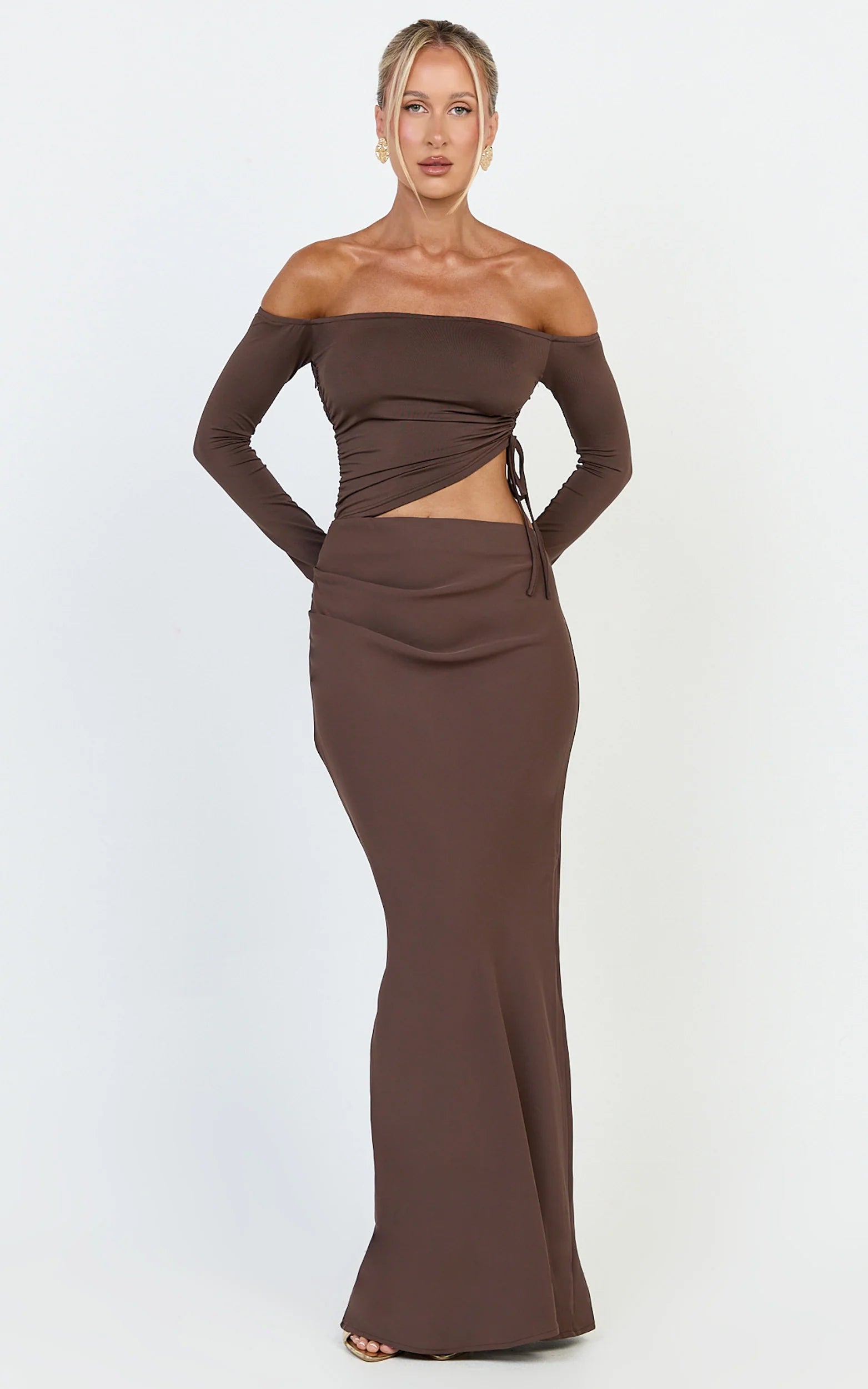 Tallulah Maxi Dress - Off Shoulder Long Sleeve Side Ruched Cut Out Dress in Chocolate