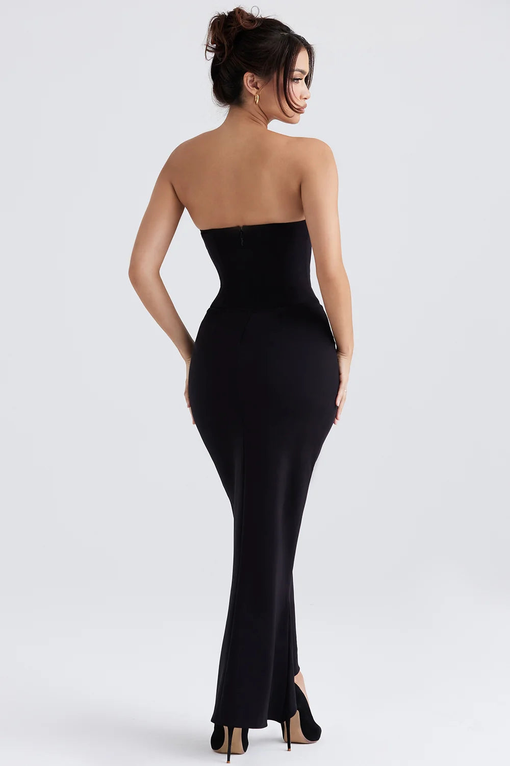 black crepe strapless corset dress