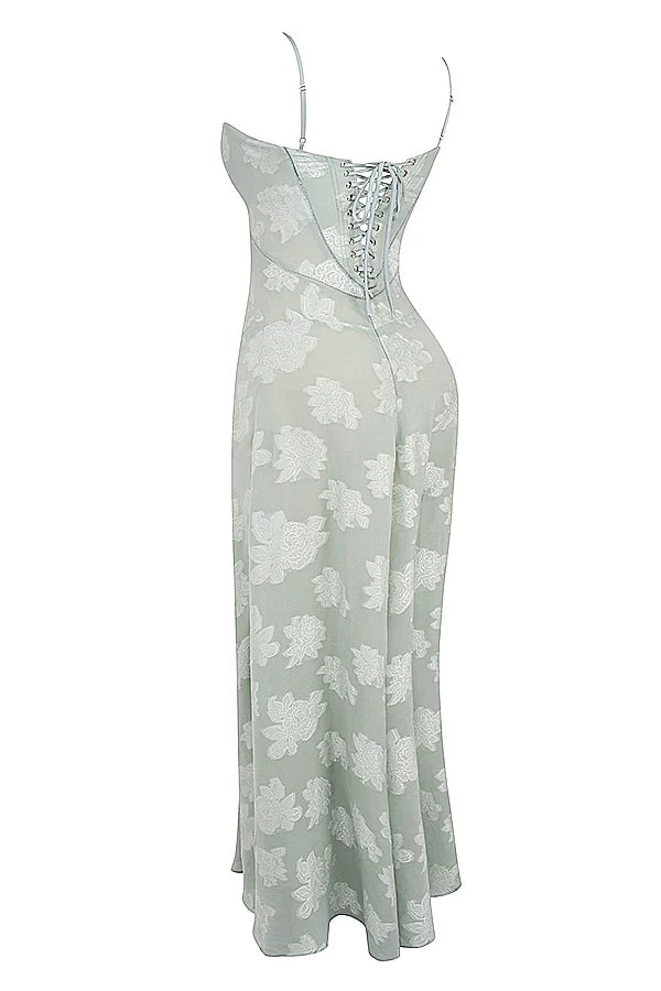 pistachio floral lace back maxi dress