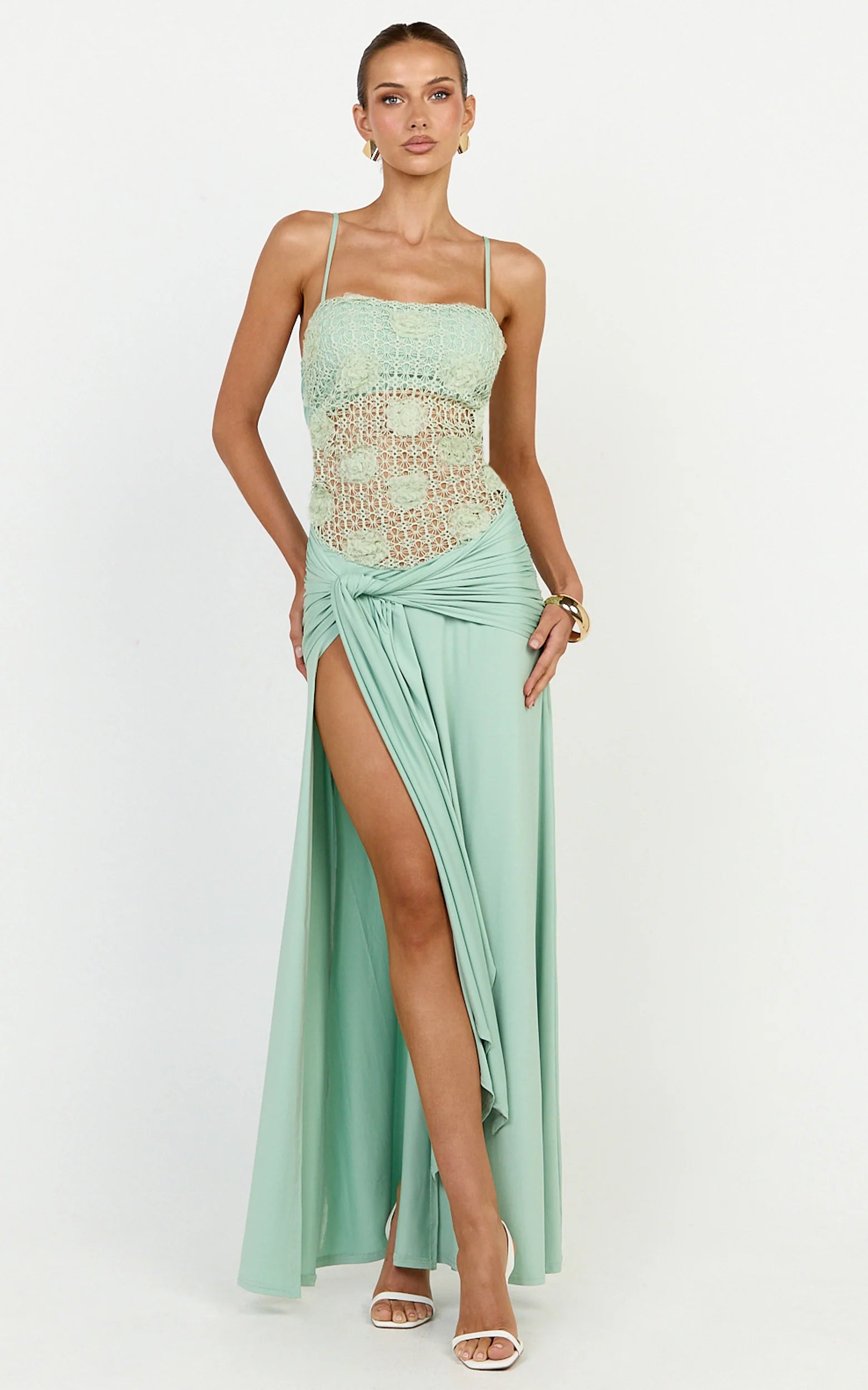 Nerissa Maxi Dress - Crochet Floral Embellished Bodice Drop Tie Waist Dress in Sage