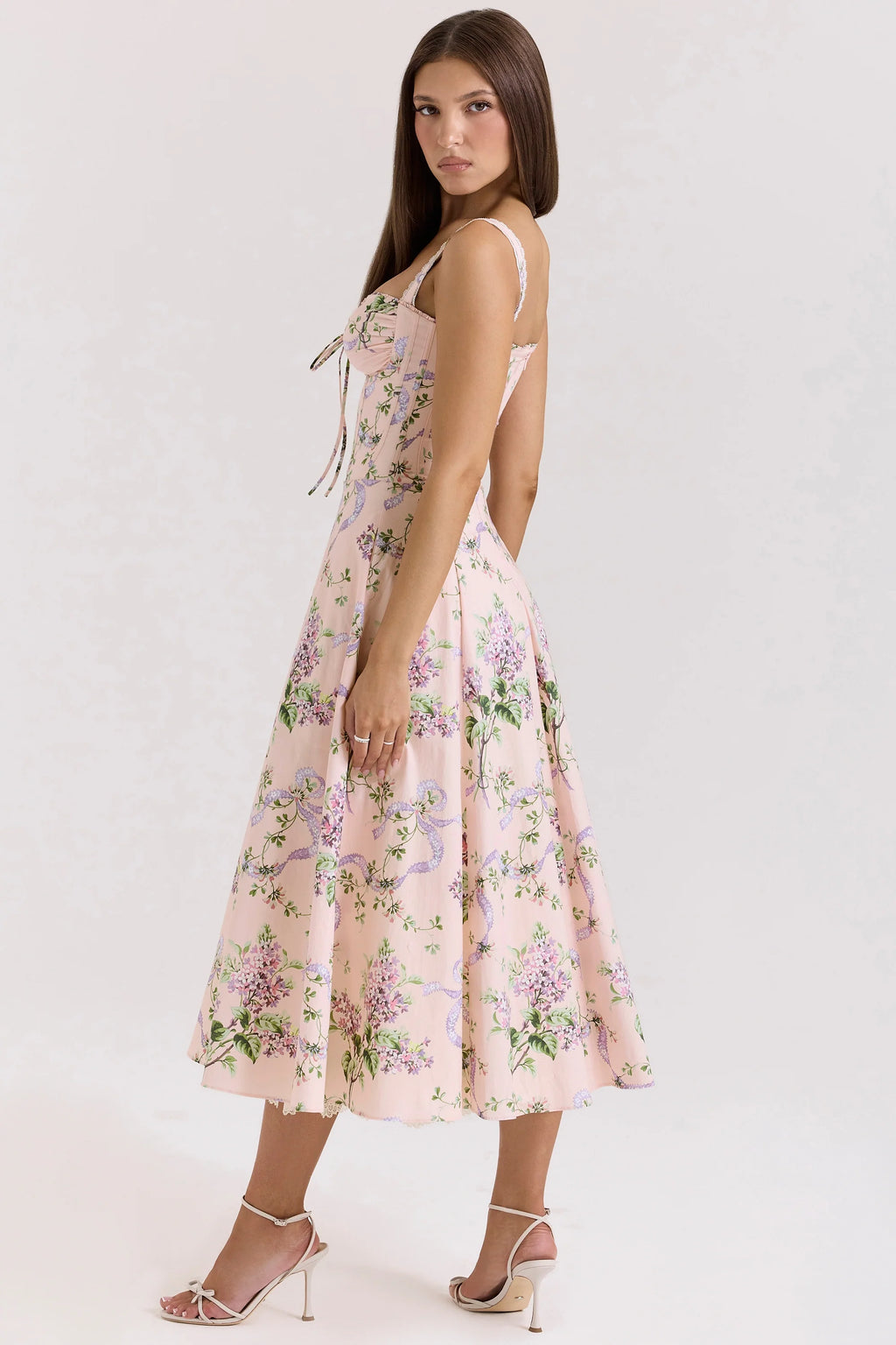 pink floral corset midi dress