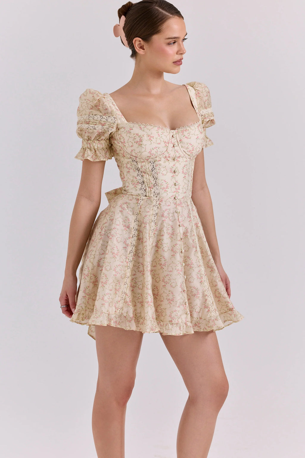 cream floral print chiffon puff sleeve mini dress