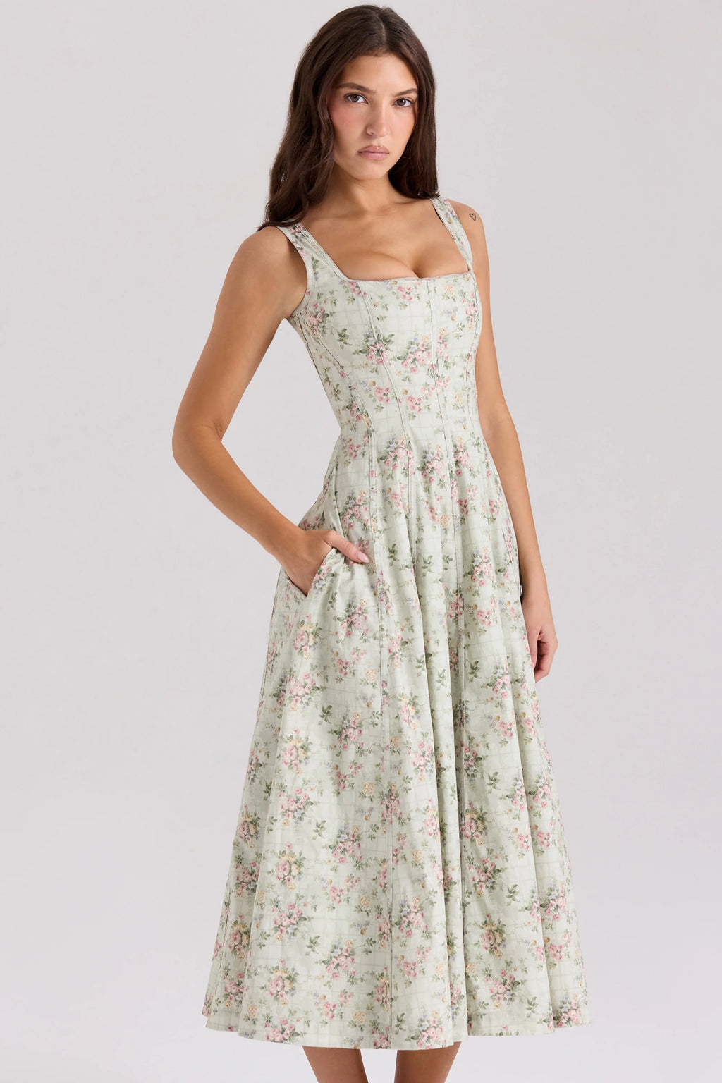 sage floral print cotton midi dress