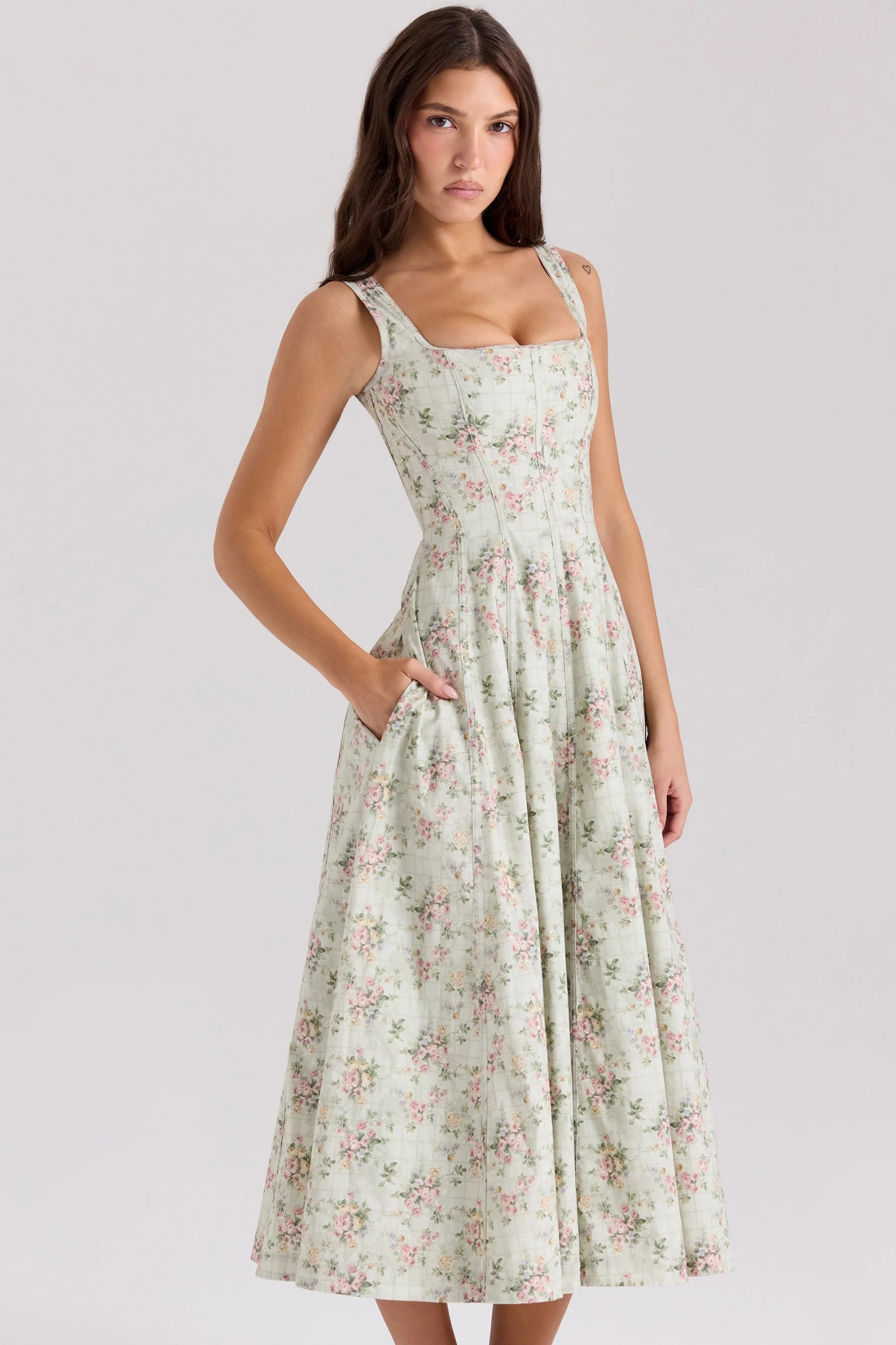 sage floral print cotton midi dress