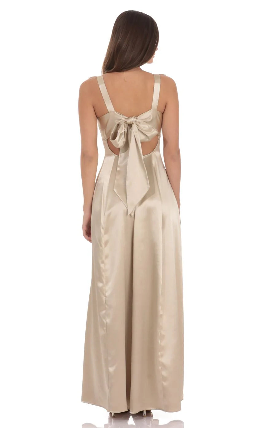 Satin V-Neck Fit and Flare Maxi Dress in Gold