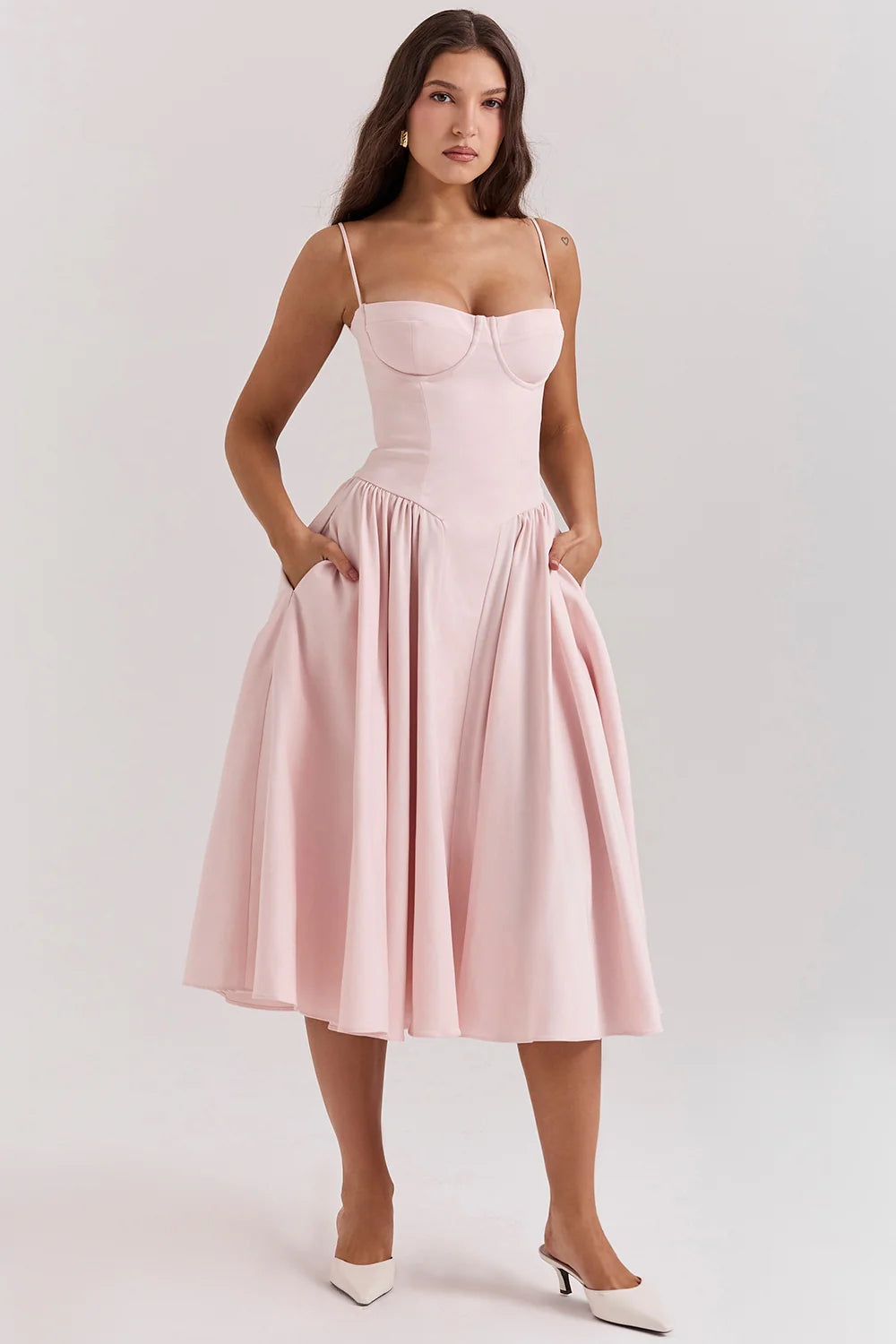 ballerina pink twill corset midi dress