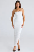 white gathered stretch mesh maxi dress