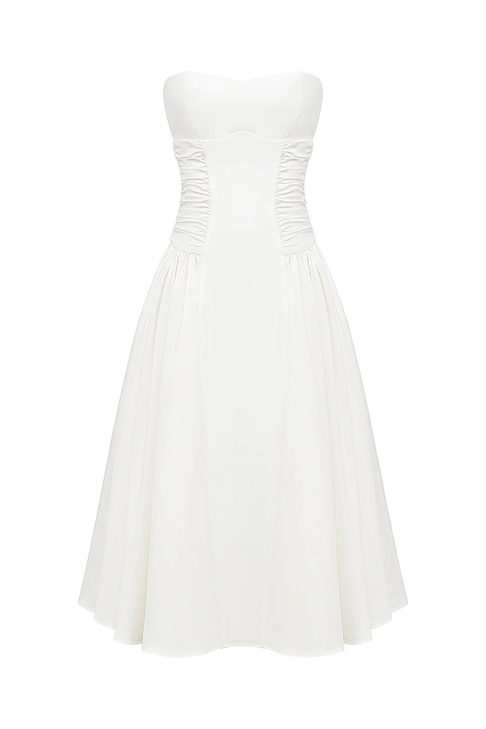 white cotton strapless midi sundress