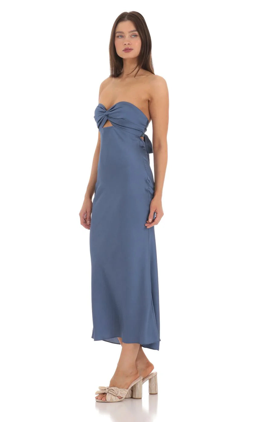 Satin Twist Cutout Midi Dress in Navy