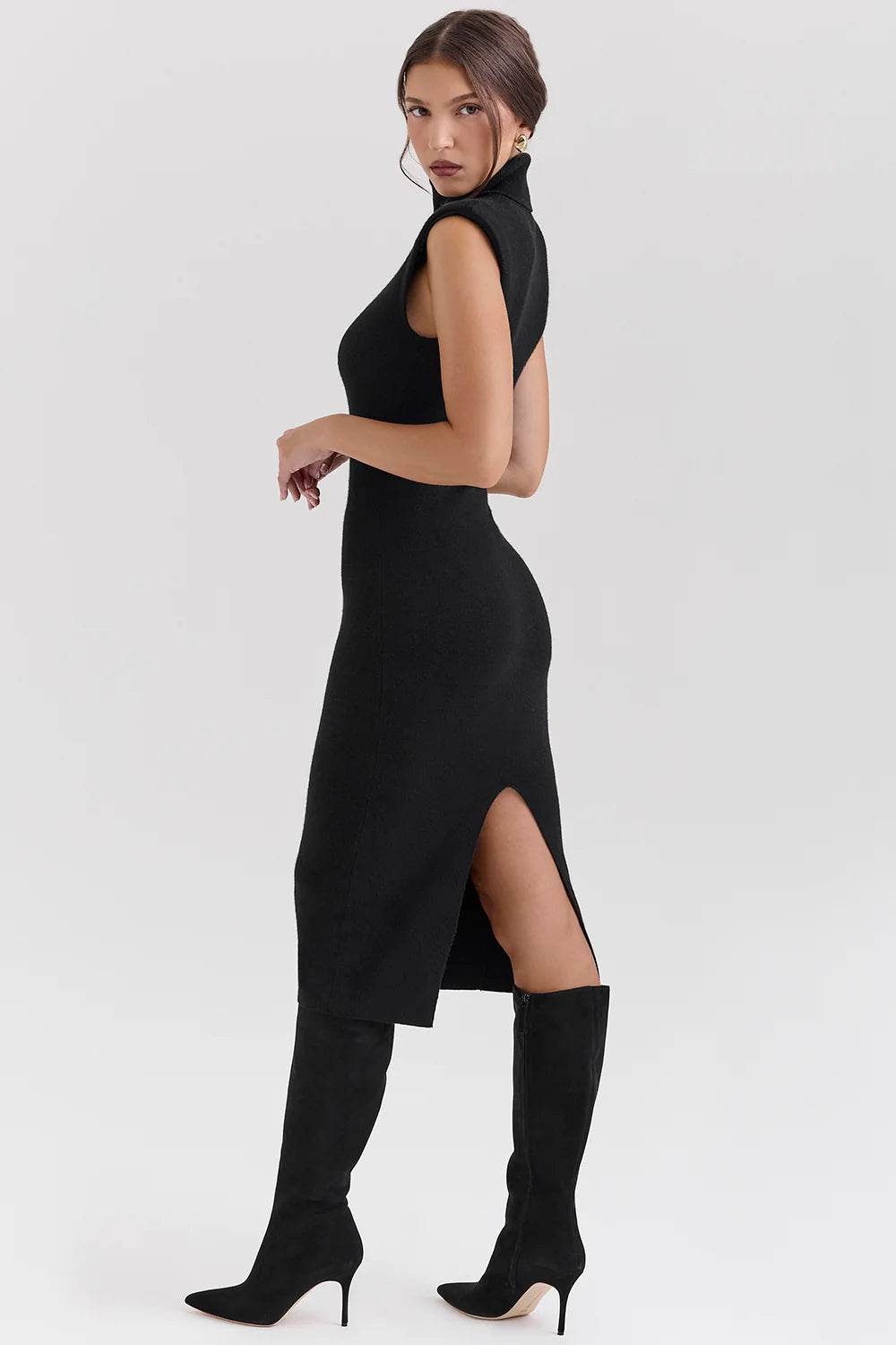black cashmere blend turtle neck midi dress