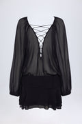 Lace-Up Balloon-Sleeve Mini Dress in Black