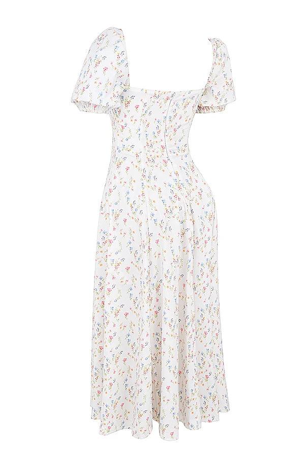 white posy print cotton puff sleeve midi sundress