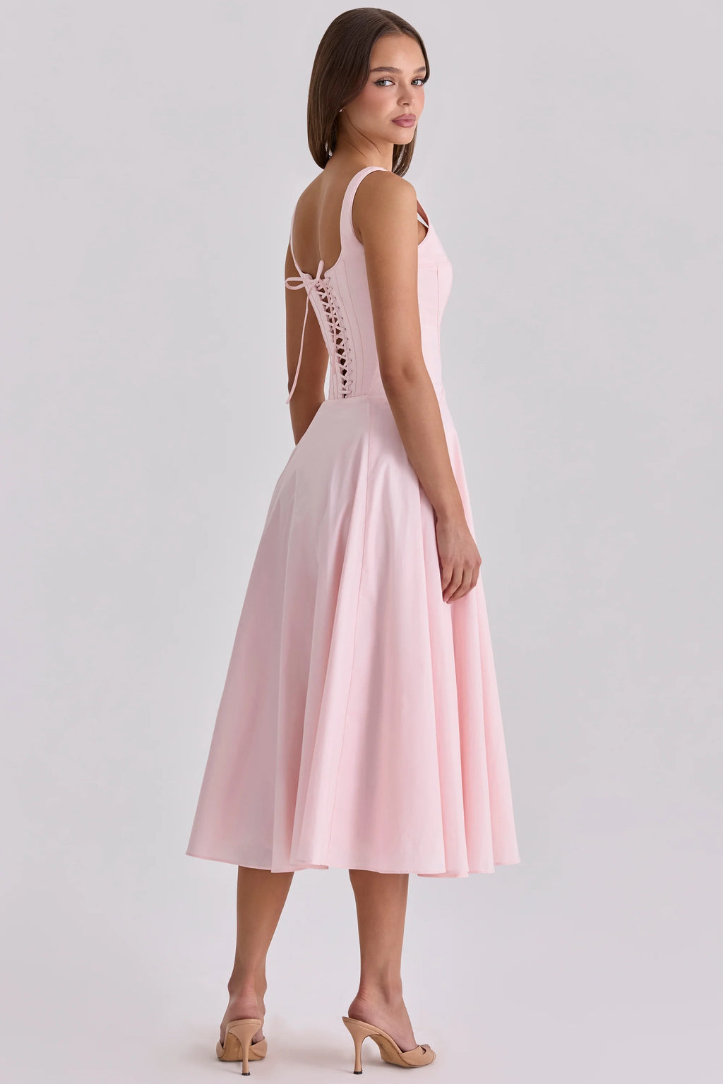 pink cotton lace up midi sundress