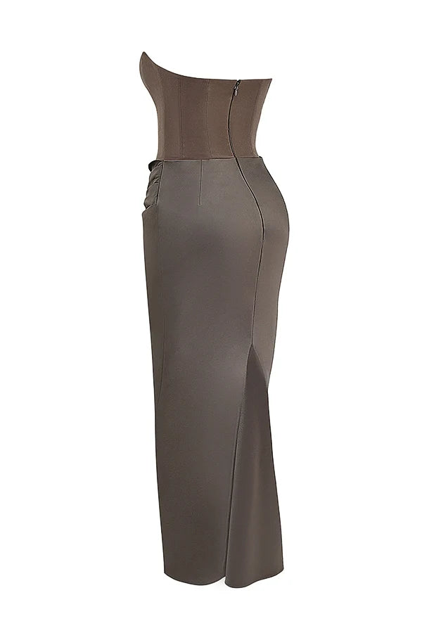 smoke strapless corset maxi dress