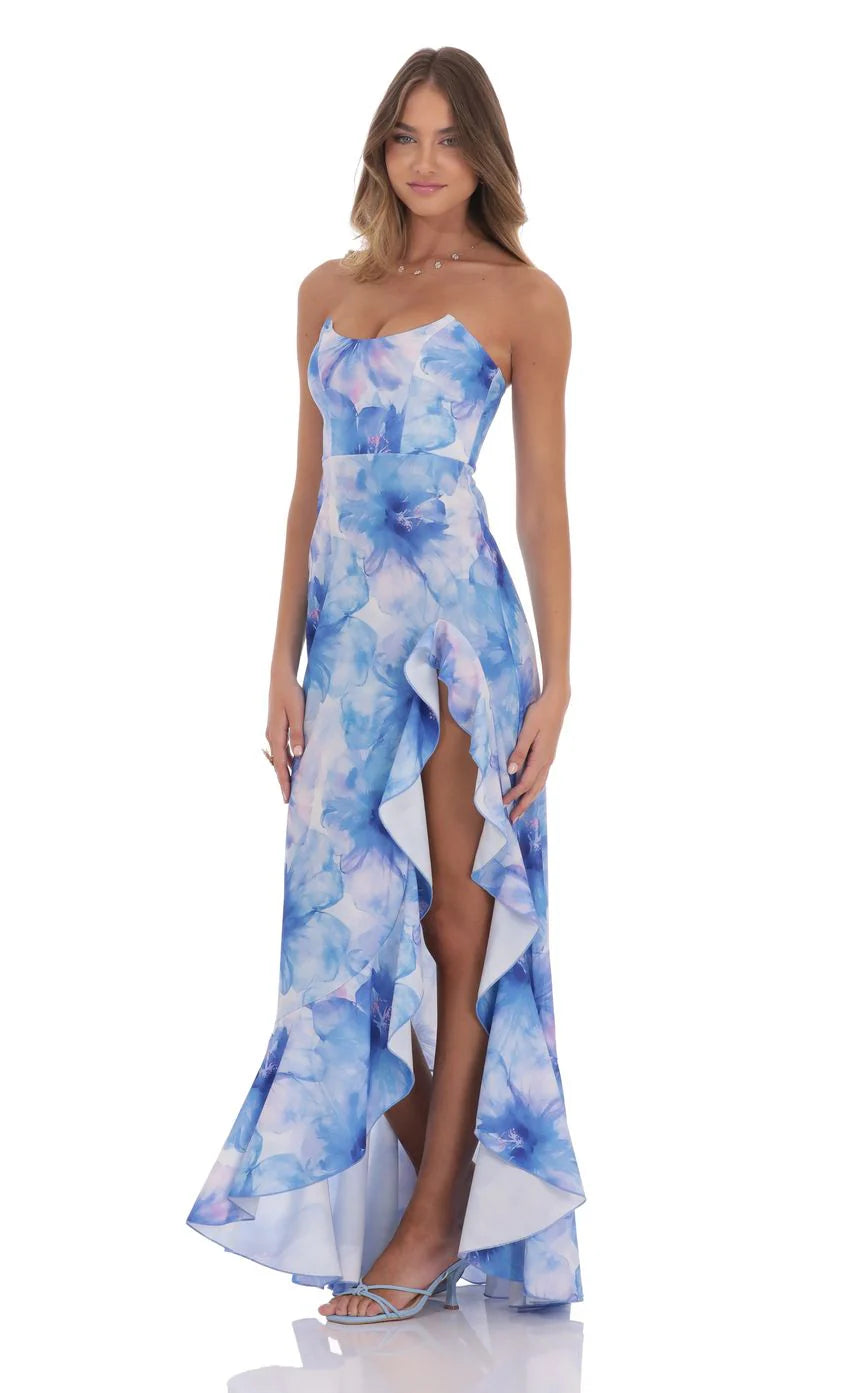Floral Ruffle Slit Strapless Corset Maxi Dress in Blue