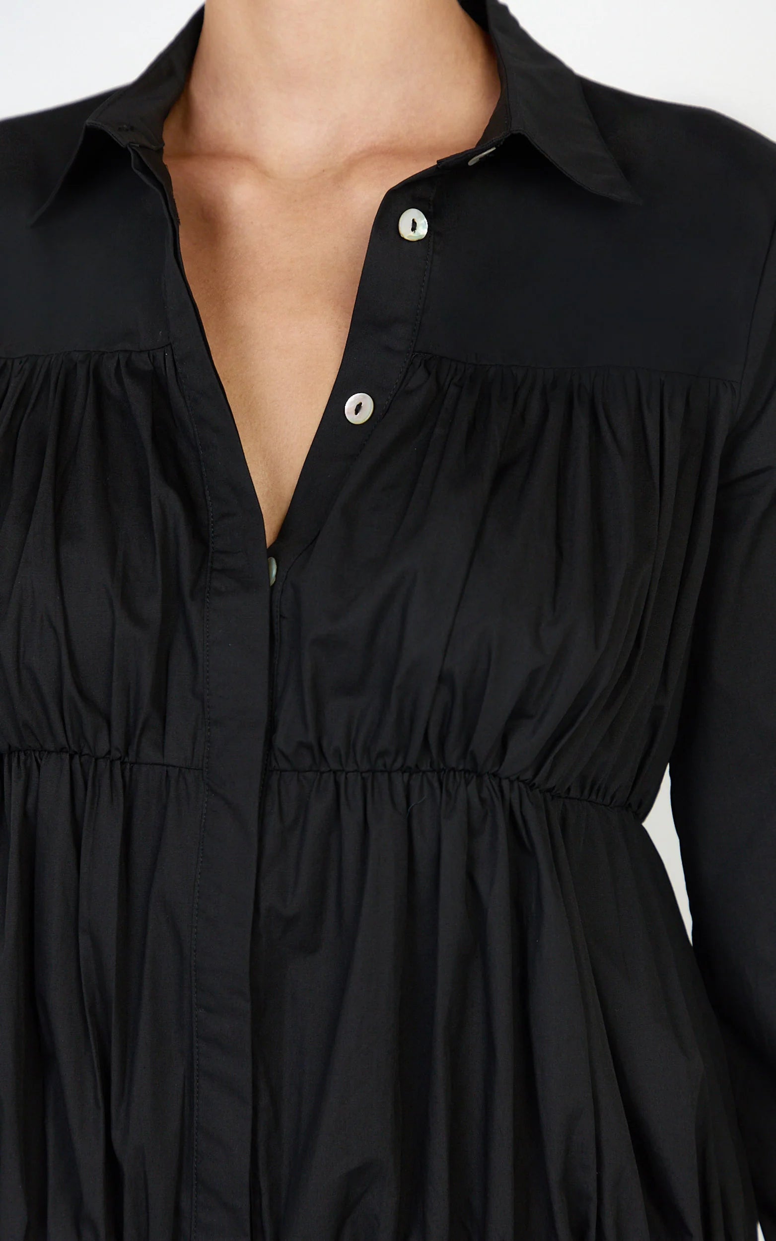 Elodie Mini Dress - Button Down Ruched Tiered Smock Dress in Black