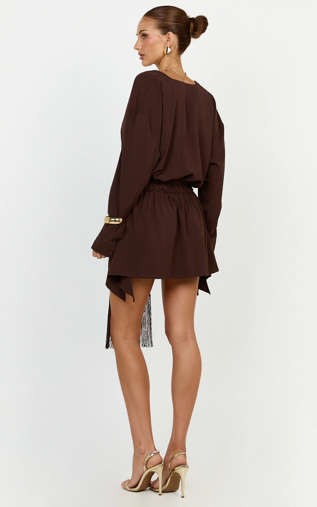 Ariette Mini Dress - Plunge Neck Fringe Detail Belt Dress in Chocolate