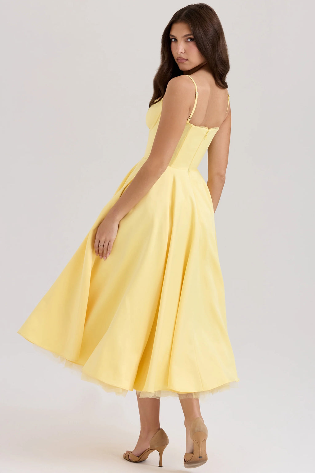 sunshine yellow satin tulle midi dress