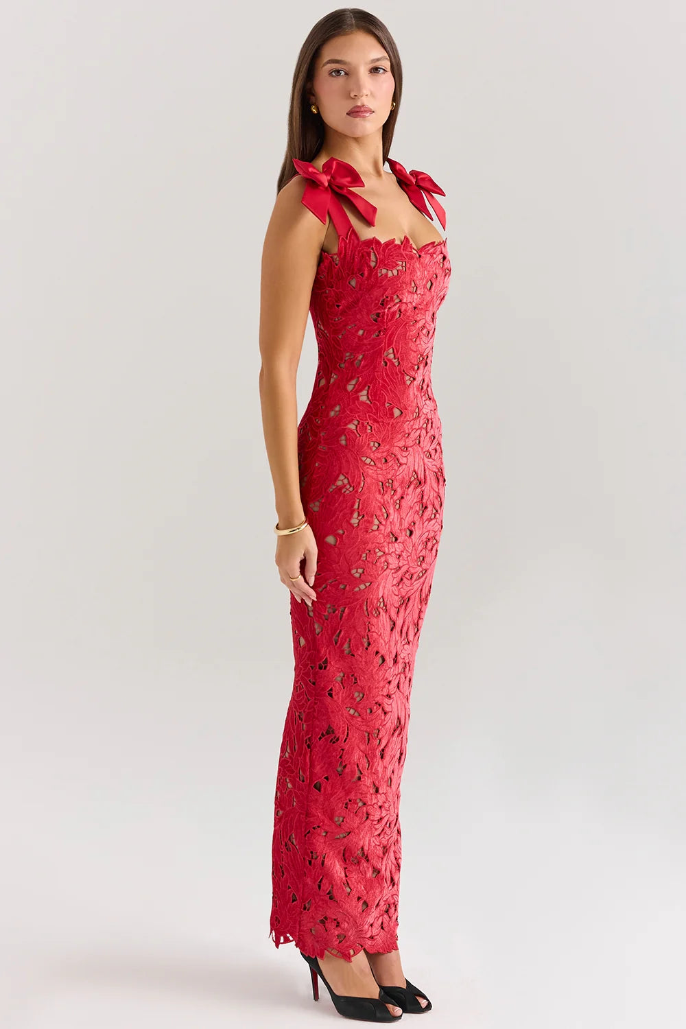 holly red velvet lace maxi dress