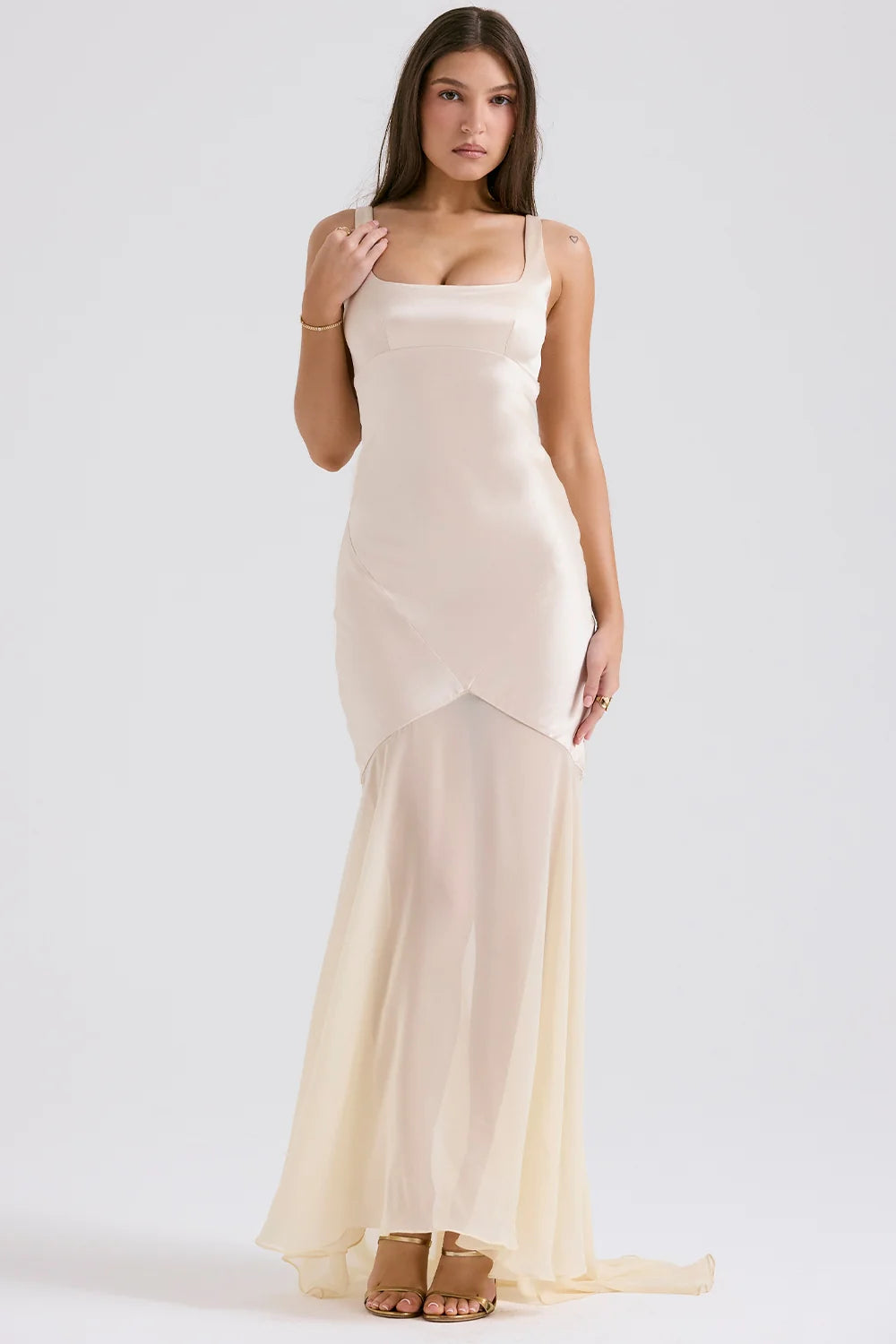 champagne chiffon floor length gown