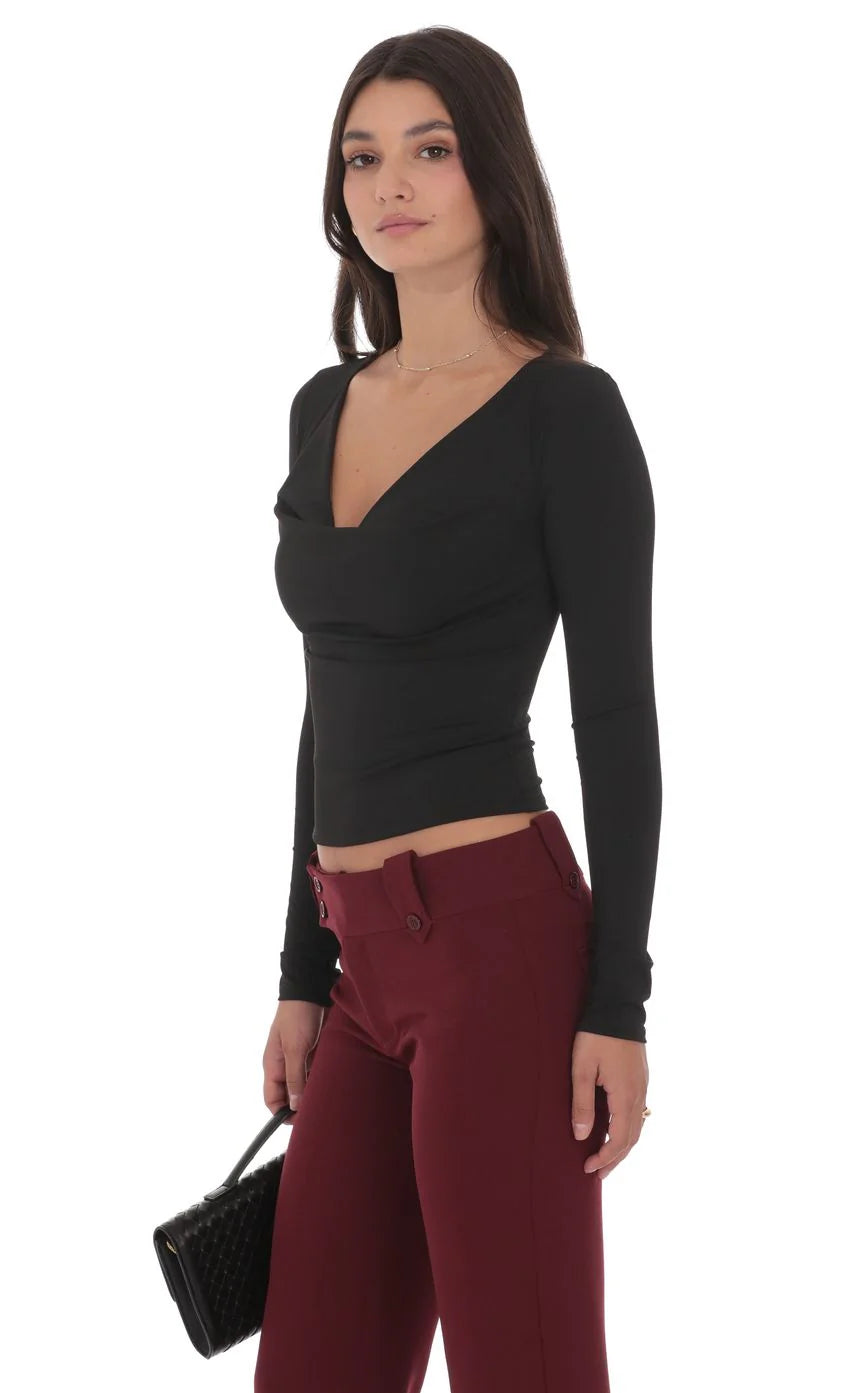 Plunge Cowl Neck Top in Black
