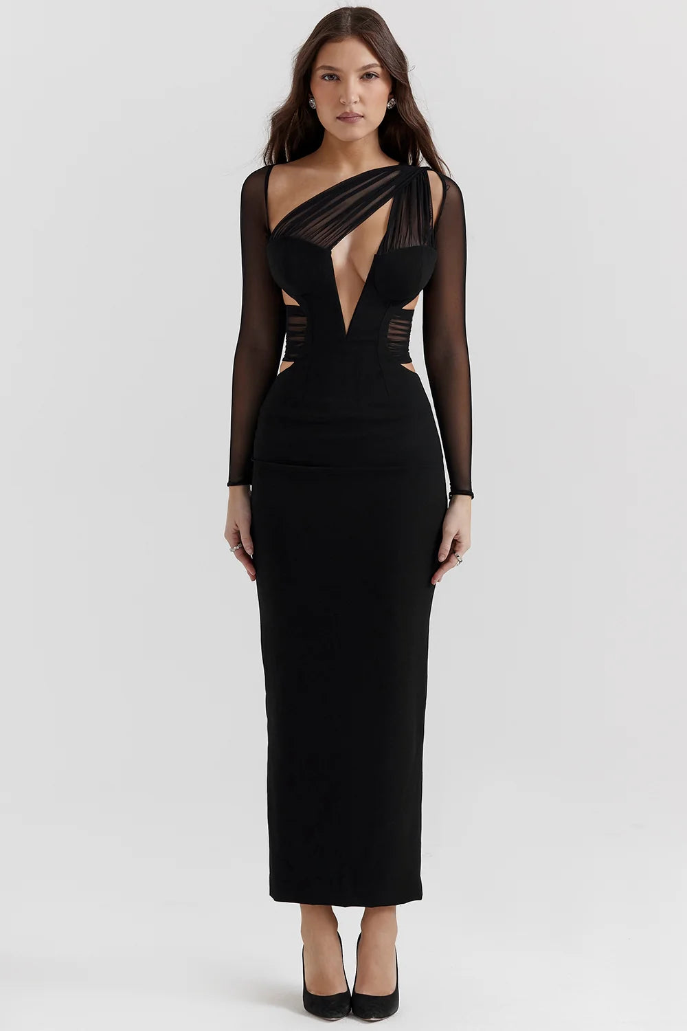 black plunge maxi dress