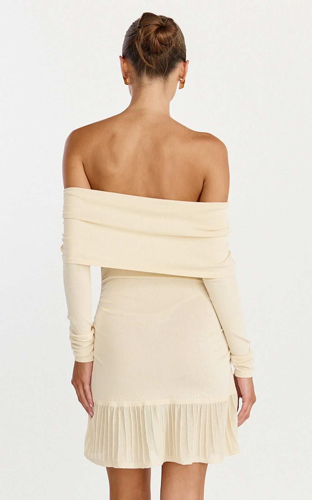Roxy Mini Dress - Off Shoulder Long Sleeve Pleated Skirt Dress in Cream