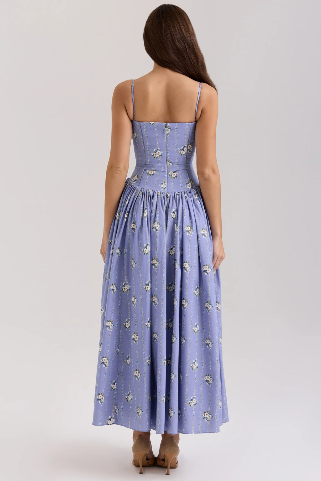 blue daisy print stretch cotton midi sundress