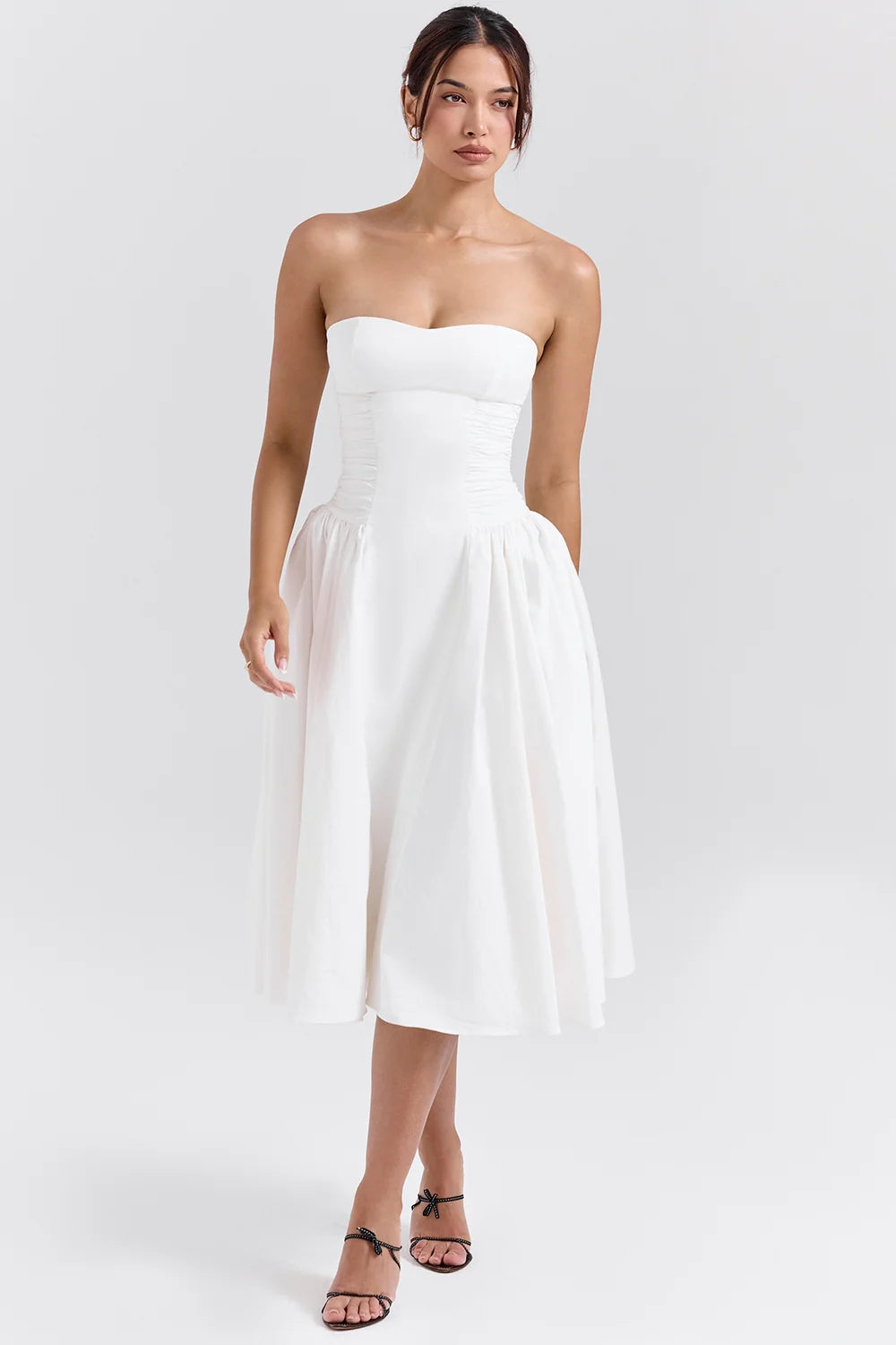 white cotton strapless midi sundress