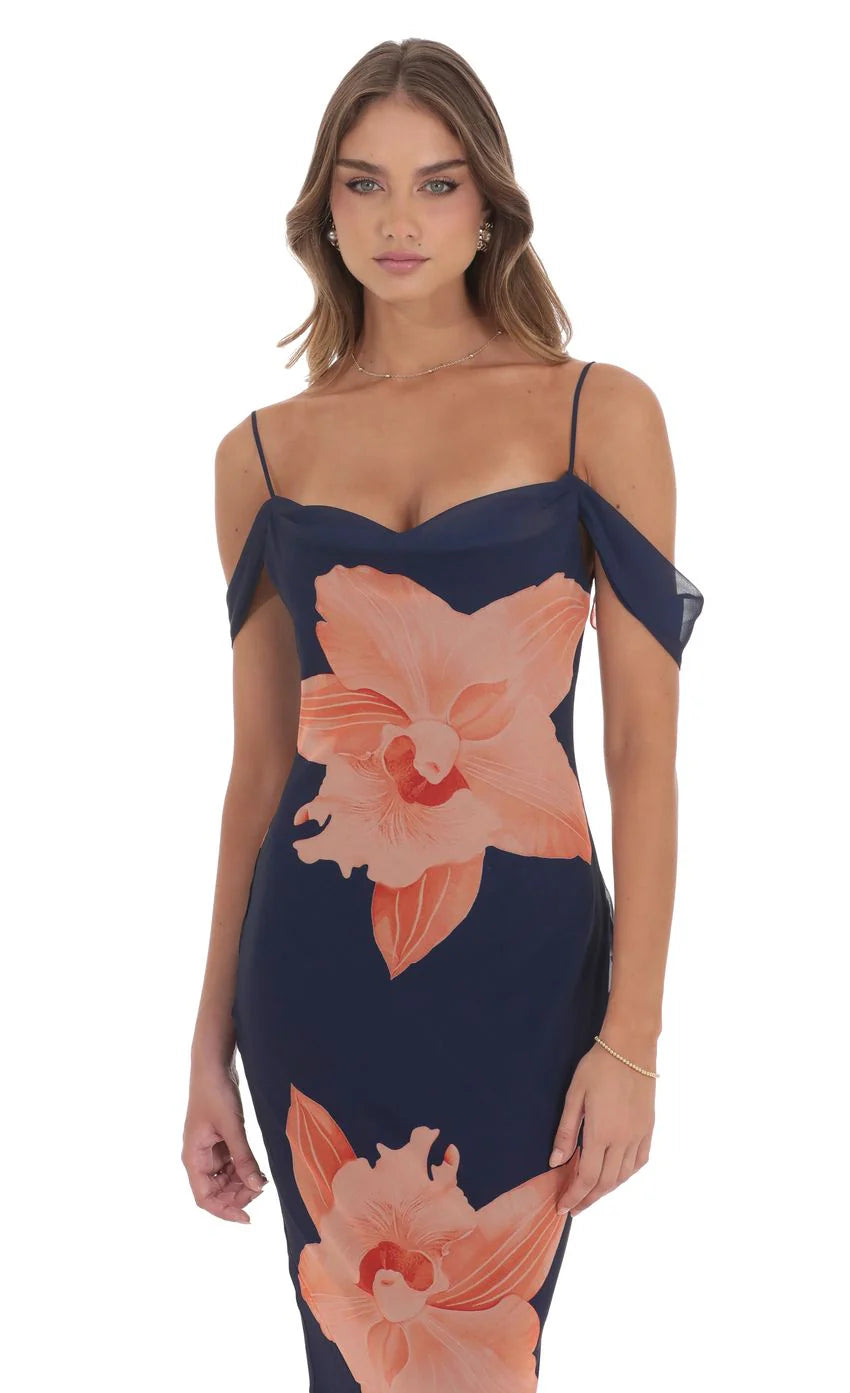 Orange Floral Off Shoulder Maxi Dress in Navy