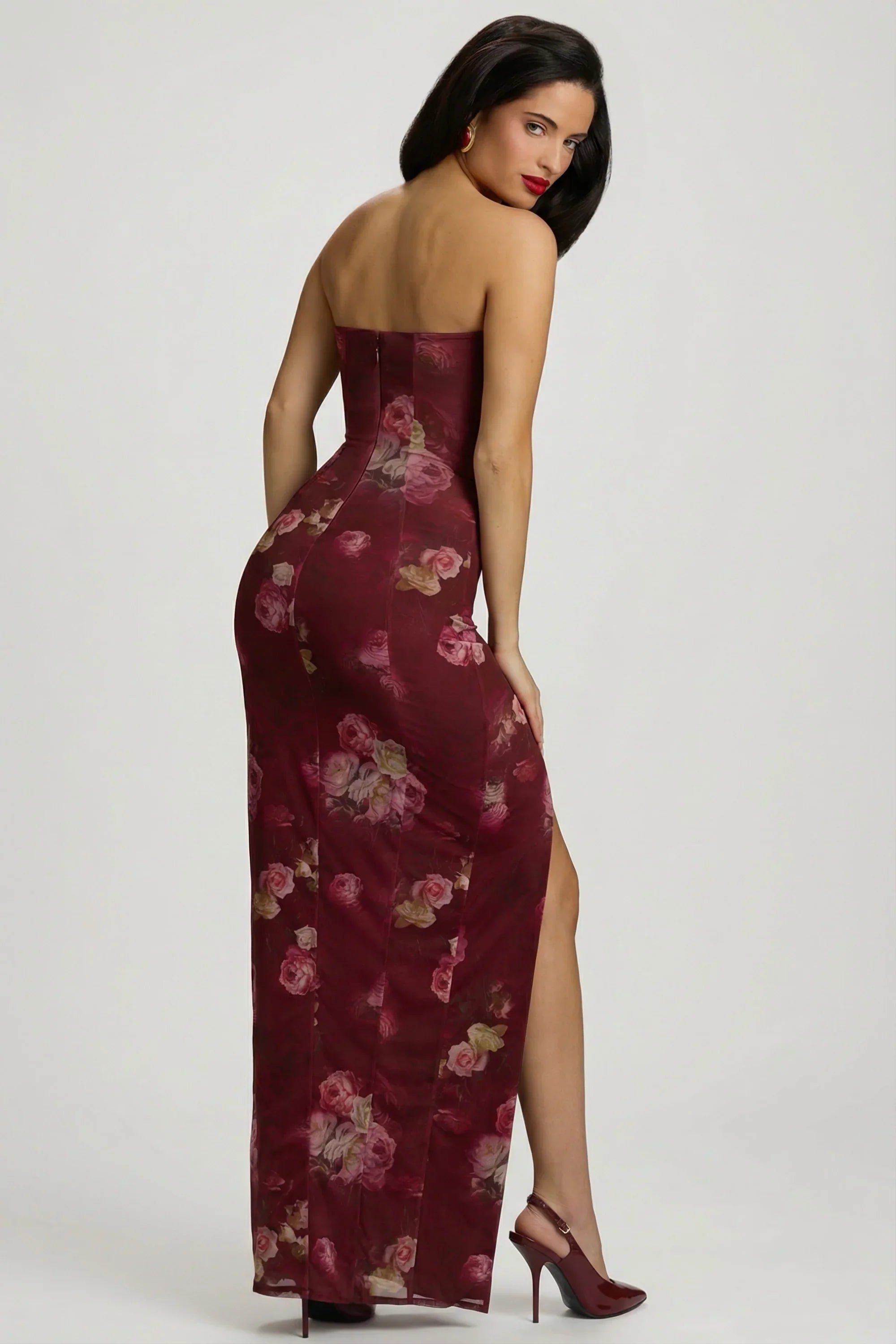 Bandeau Cowl-Neck Maxi Dress in Maroon Floral Print