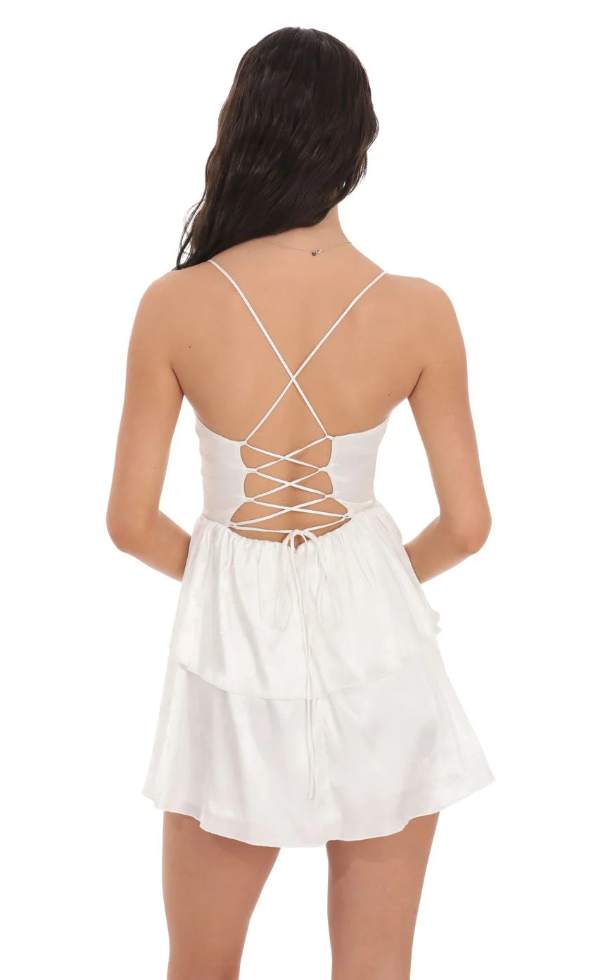 Satin Jacquard Ruffle Dress in White