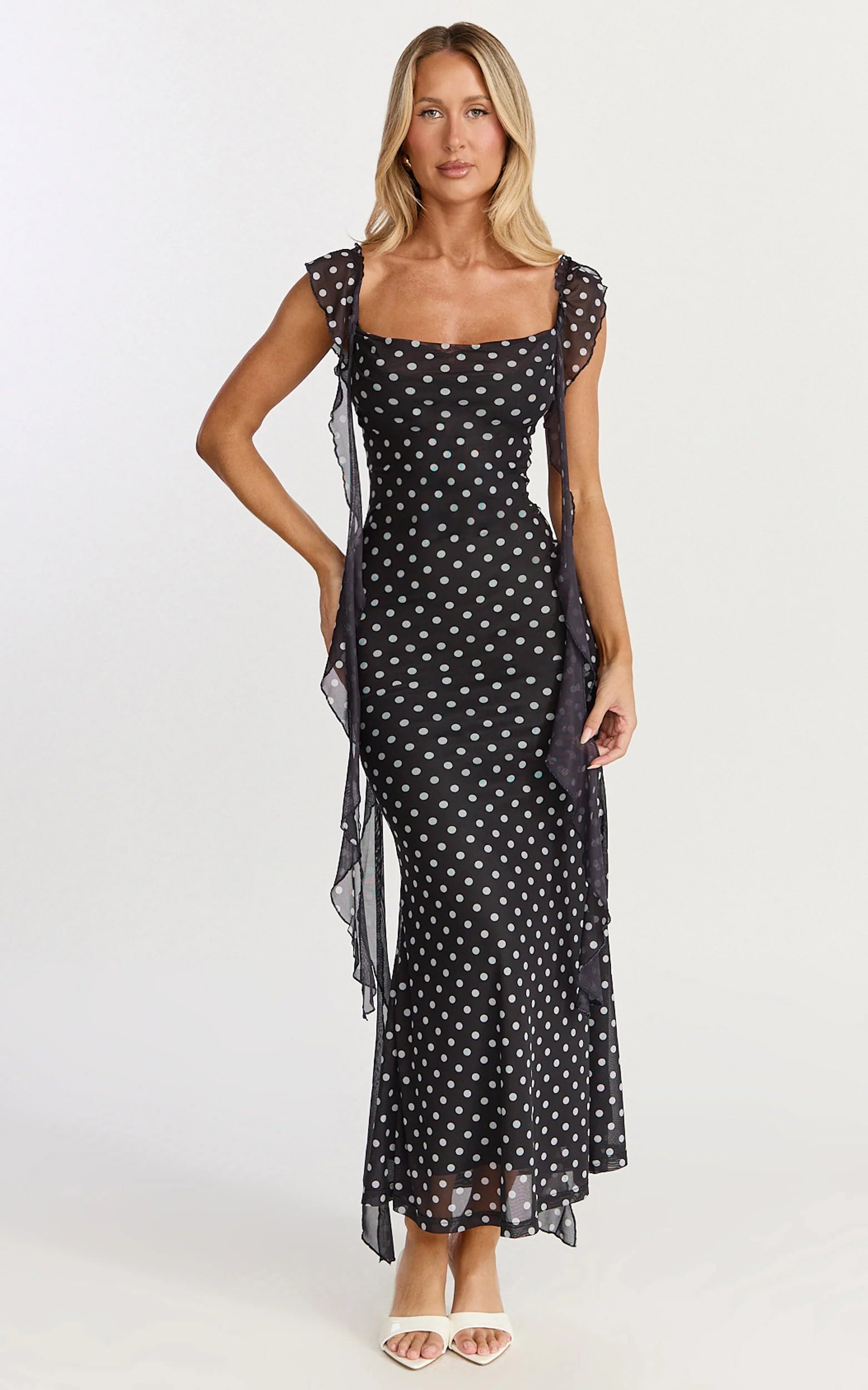 Rosha Midi Dress - Ruffle Strap Dress in Black Polkadot