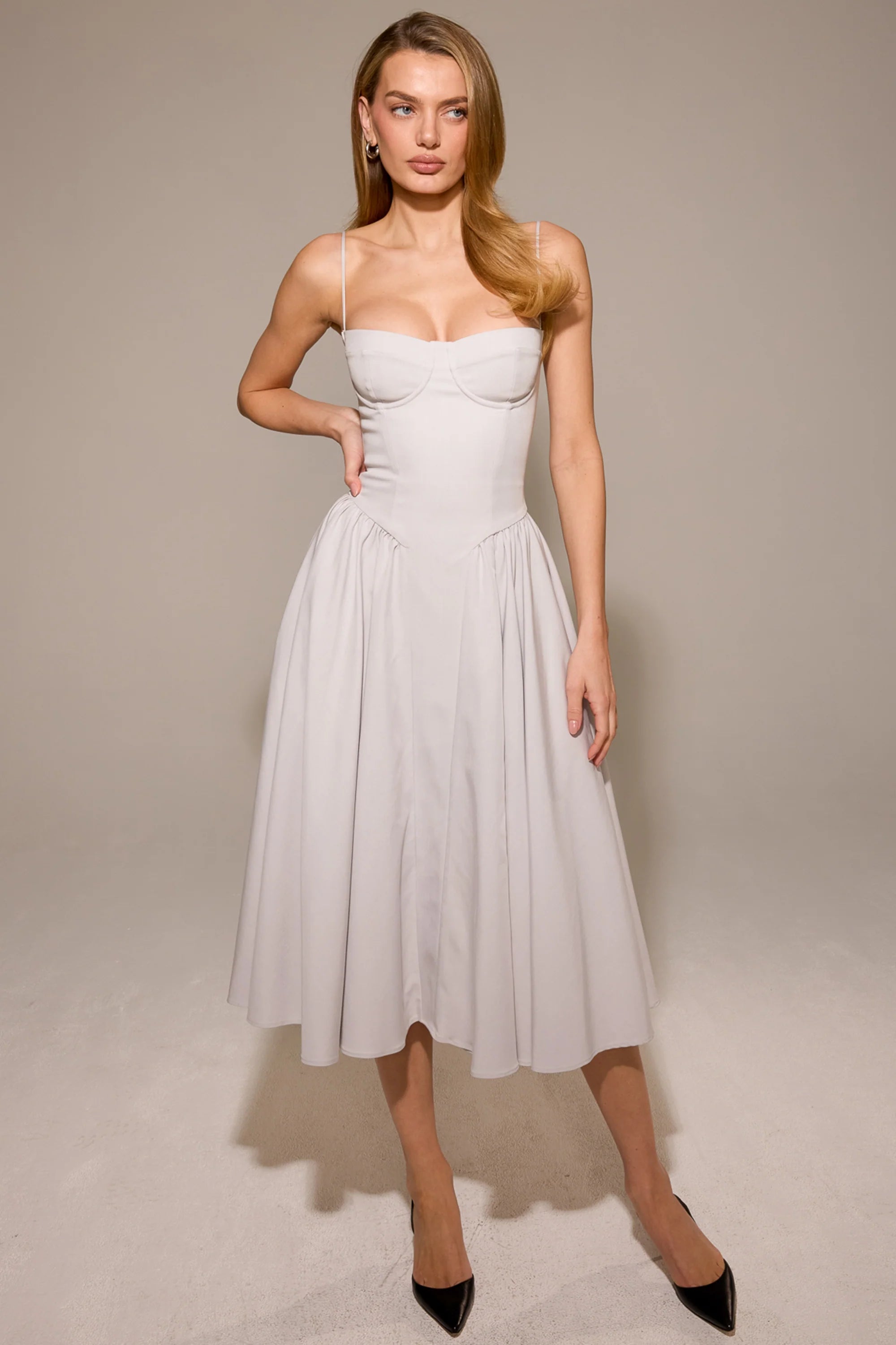 dove grey corset midi dress