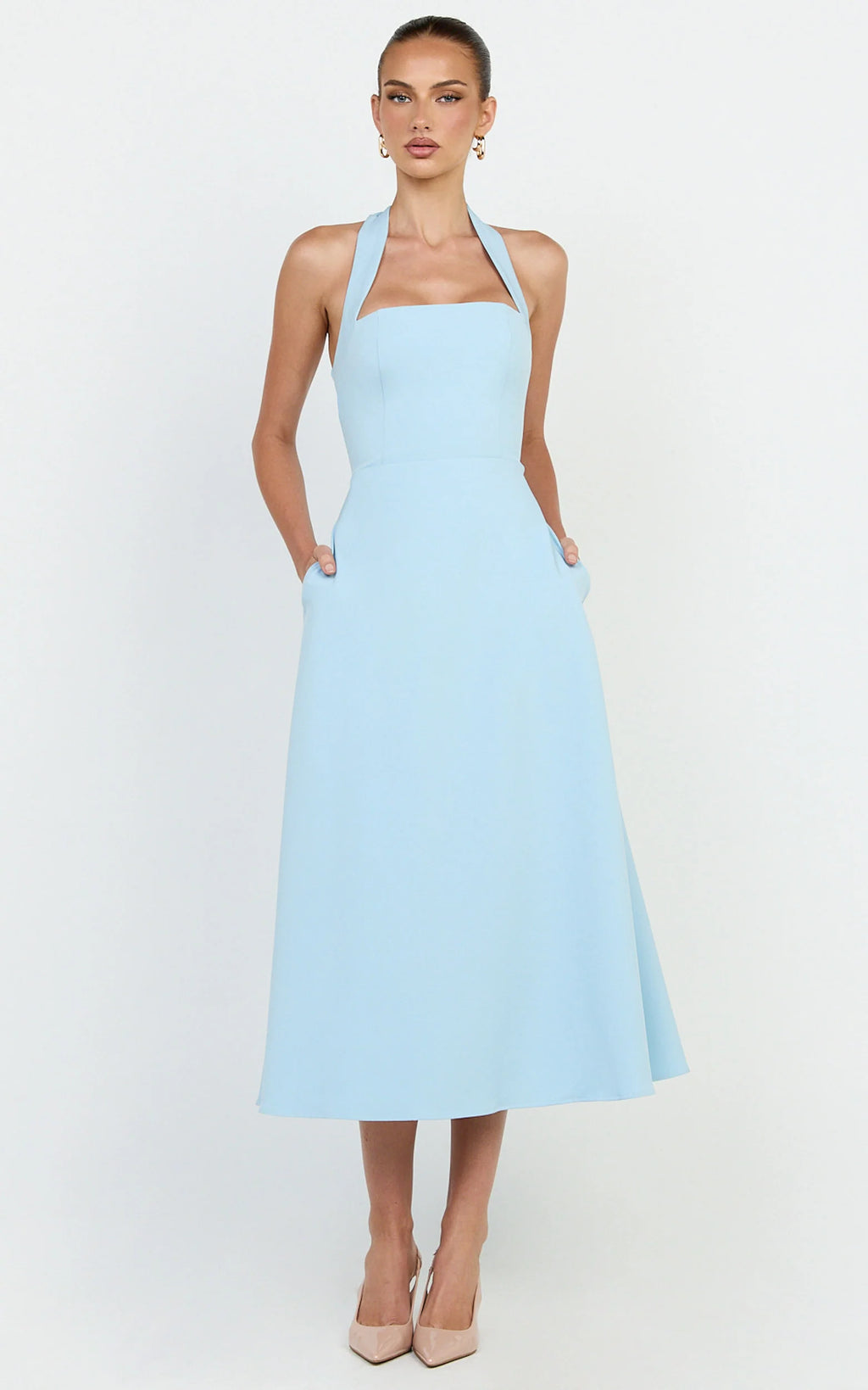 Karissa Midi Dress - Halter Neck Fitted Bodice Midi Soft A Line Skirt Dress in Pale Blue