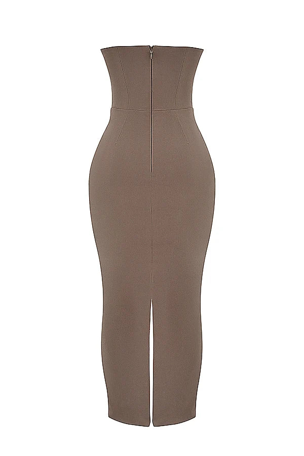 taupe strapless corset maxi dress