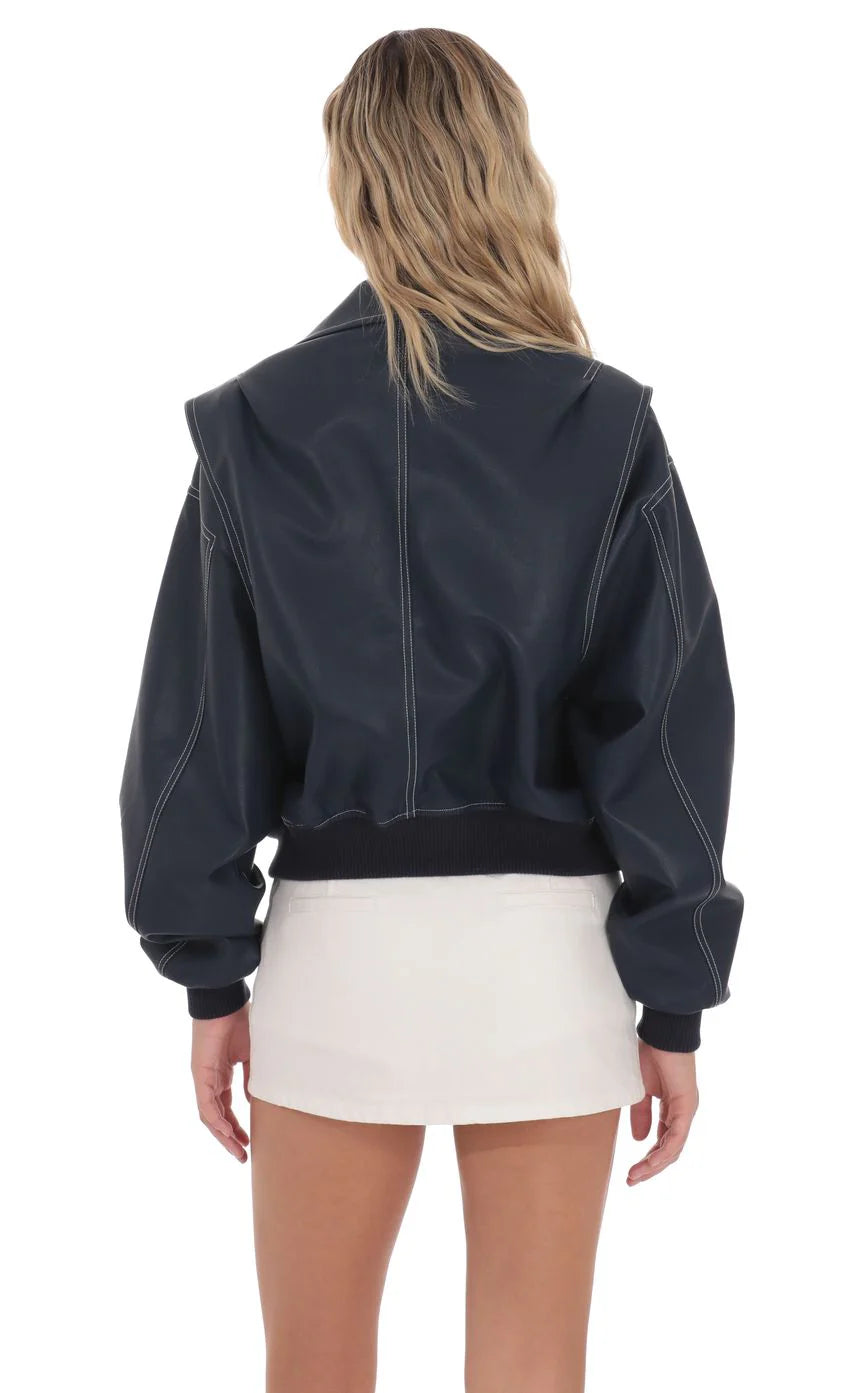 Faux Leather Bomber in Navy