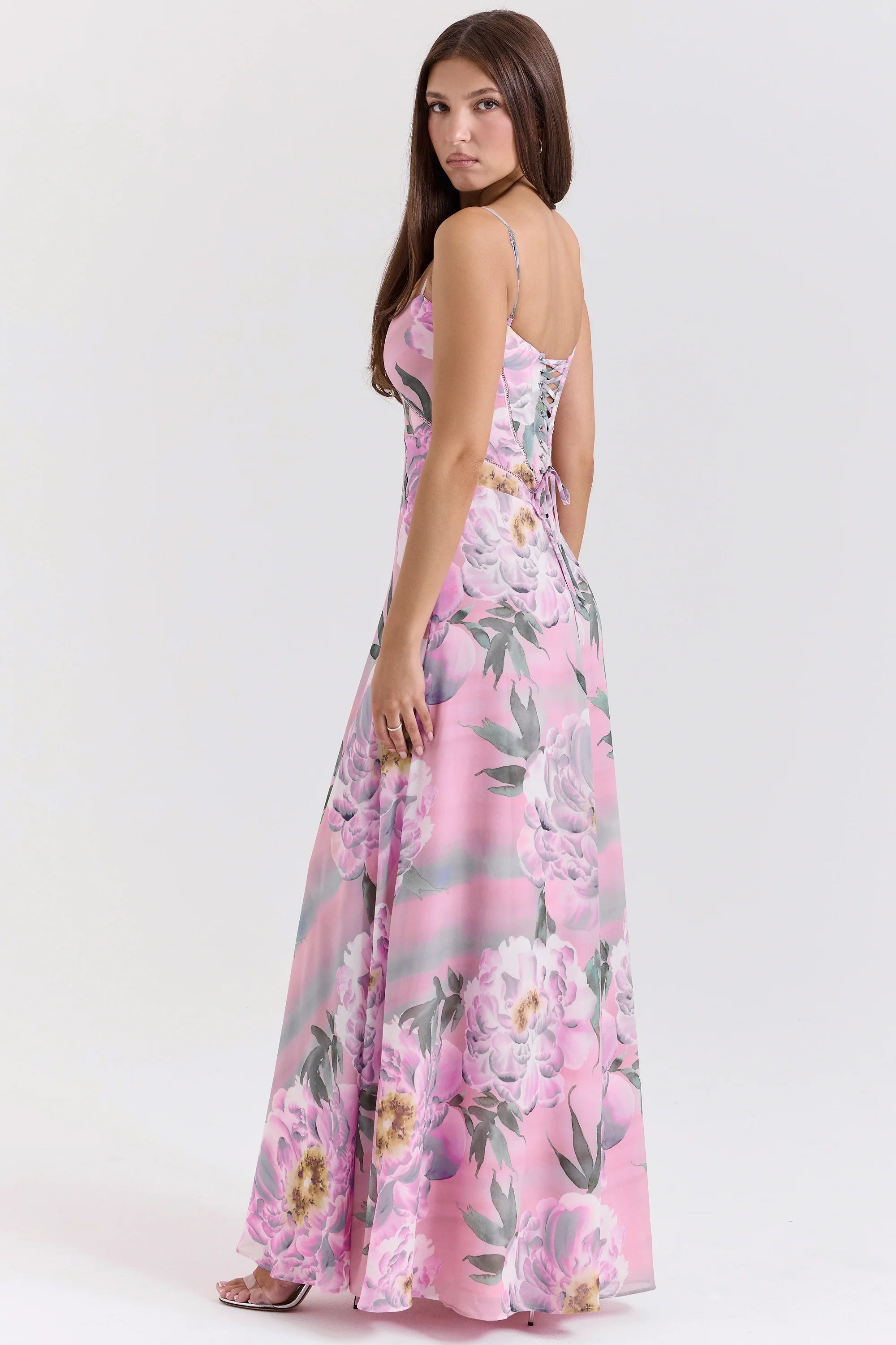 pink floral print lace back maxi dress