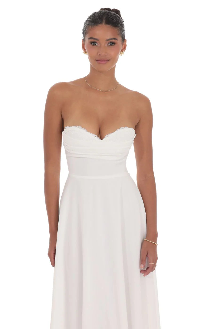 Lace Bust A-Line Midi Dress in White