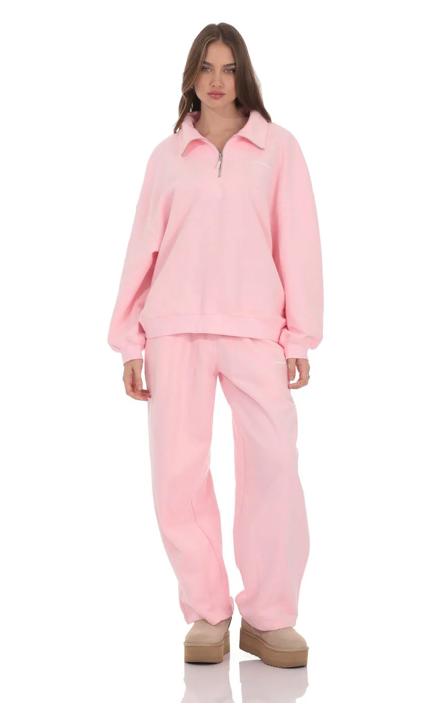 Quarter Zip-Up Jumper in Pink