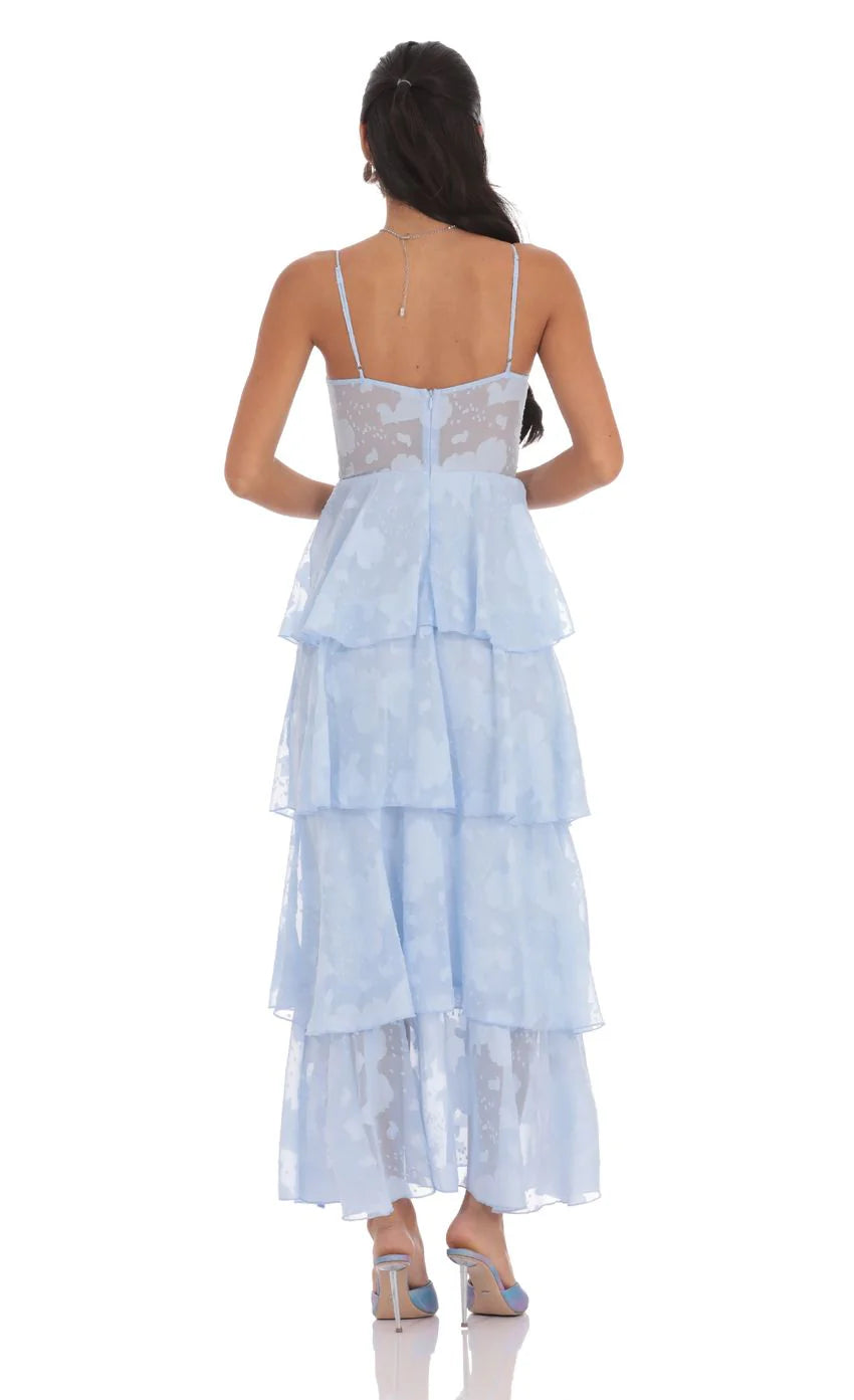Floral Ruffle A-line Maxi Dress in Sky Blue